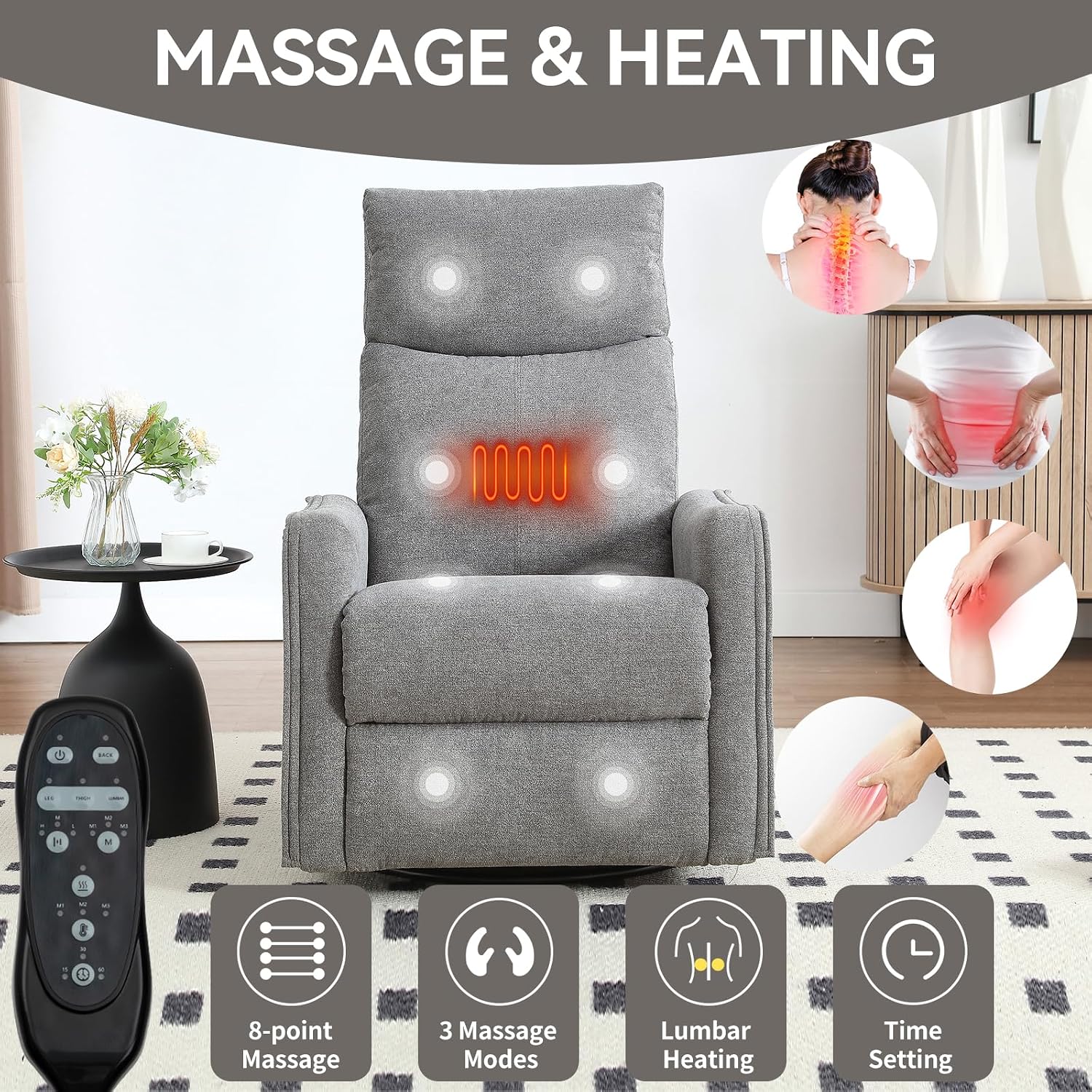 Anwick 360° Swivel Rocker Recliner Chair with Heat and Massage, Manual Upholstered Recliner for Small Spaces, Fabric Glider Nursery Chair with Side Pockets for Living Room (Grey)