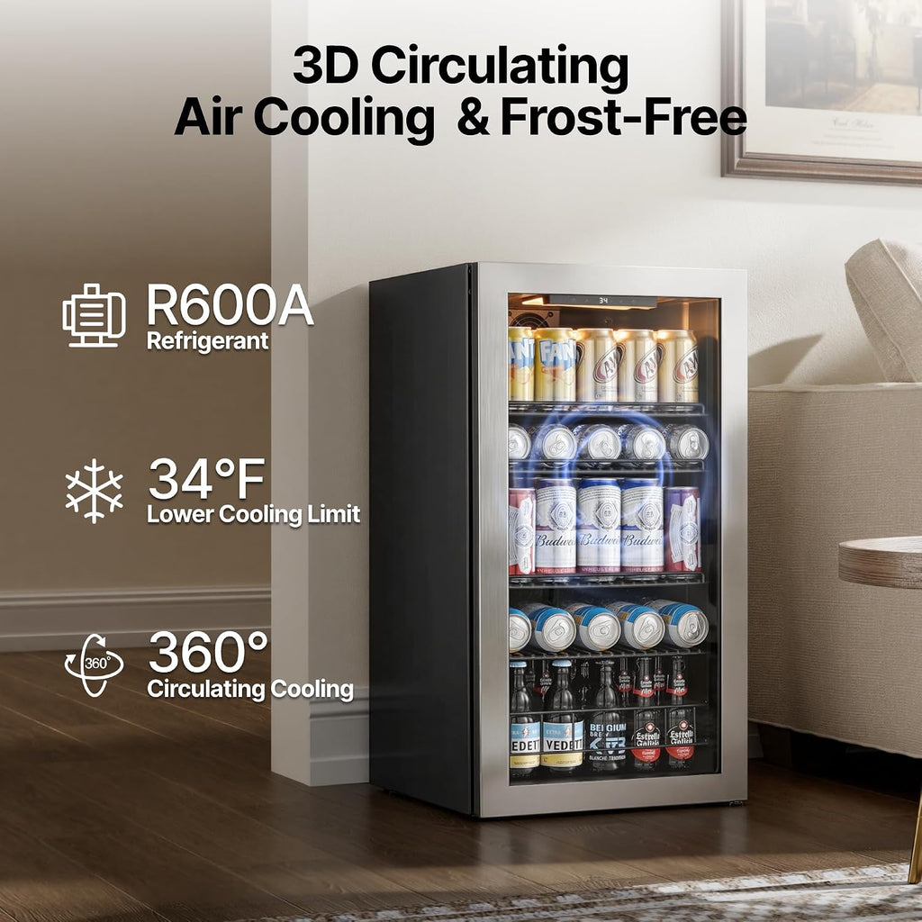Ca'Lefort 105 Cans Beverage Cooler Mini Fridge, Beverage Refrigerator with Reversible Glass Door, Adjustable Shelves for Soda, Beer & Wine, Digital Temperature Control for Home, Office, Bar or Dorm