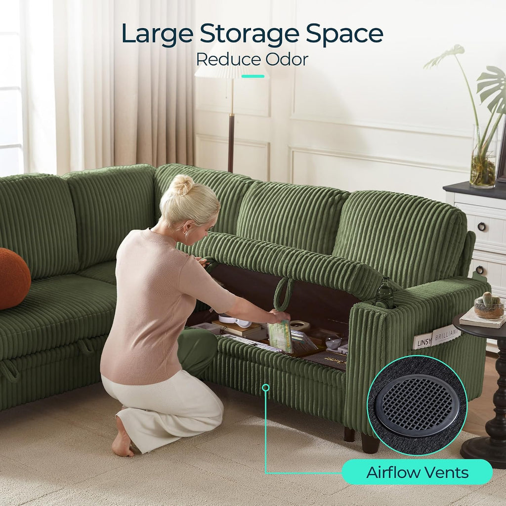 LINSY HOME Sectional Sofa with Pull Out Bed, 6 Seats Corduroy Reversible Sleeper Sofa with Storage Seats & Chaises, USB Ports, Cup Holders, Side Pocket, Sectional Couches for Living Room, Green | Plush corduroy