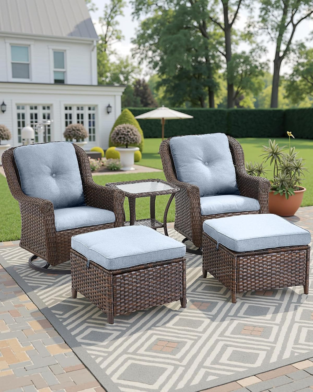 3 Piece Patio Swivel Chairs and Side Table Set - High Back Outdoor Brown Wicker Rattan Rocking Glider with Thick Cushions for Porch Apartment Deck Yard Poolside Garden - Baby Blue