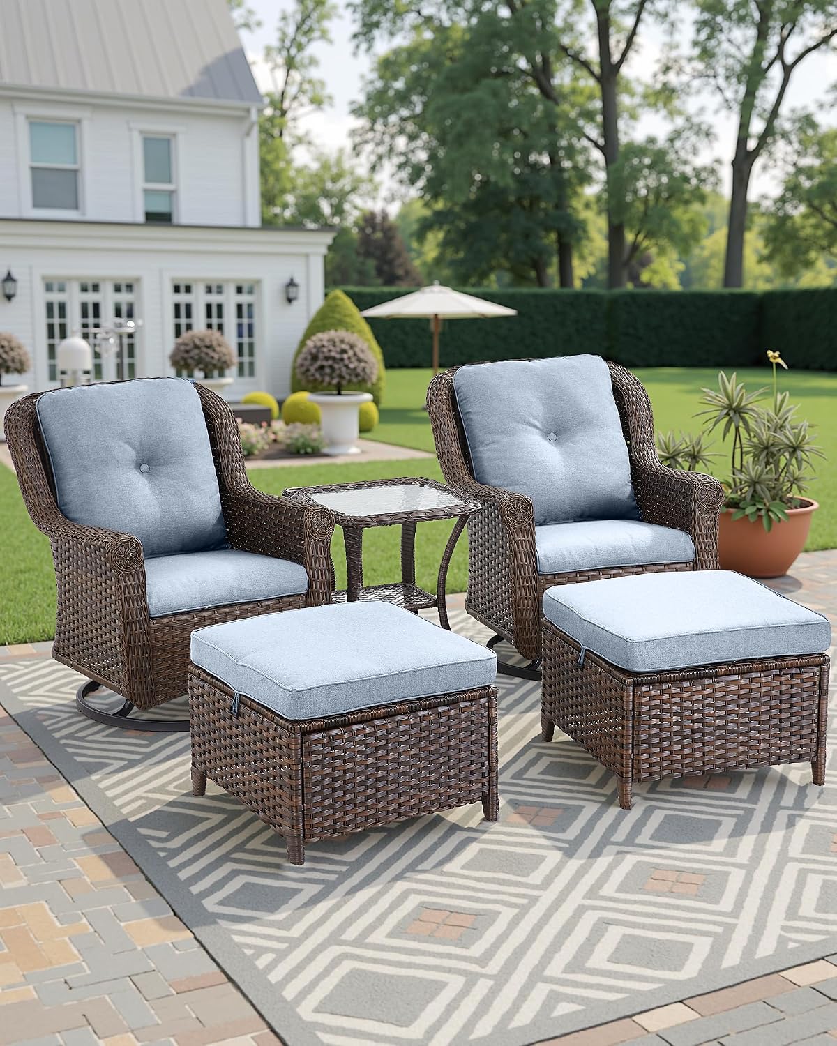 3 Piece Patio Swivel Chairs and Side Table Set - High Back Outdoor Brown Wicker Rattan Rocking Glider with Thick Cushions for Porch Apartment Deck Yard Poolside Garden - Baby Blue