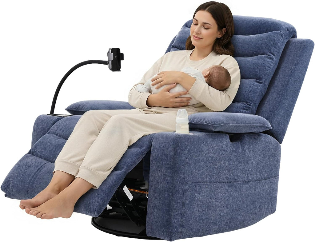 Holaki Rocking Chair Nursery, Oversized Glider Recliner Nursery Chair Swivel Reading Chair with Heated Lumbar Support Smart Cup Holder and Fast-Charging Phone Mount for Breastfeeding(Blue)