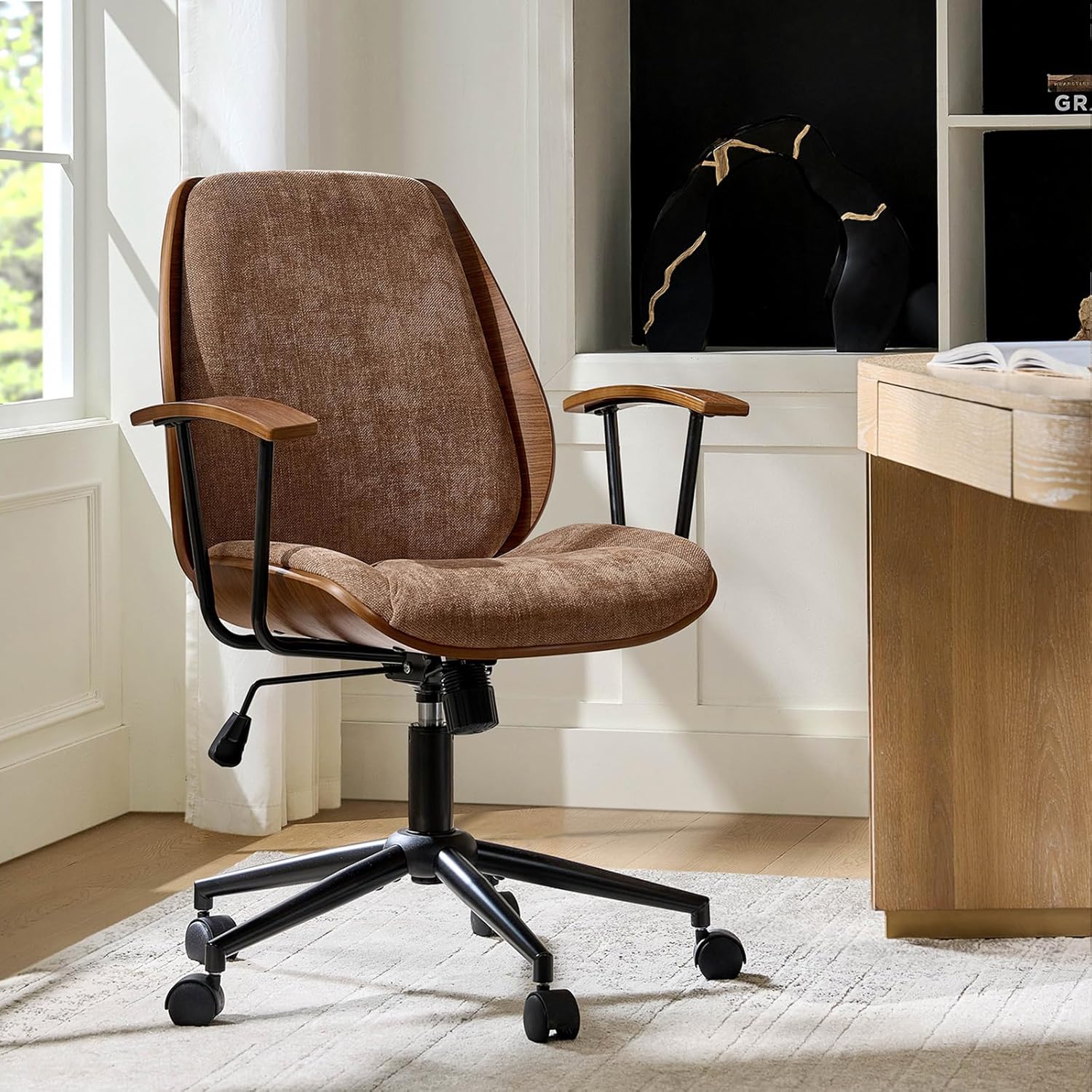 HULALA HOME Solid Wood Office Chair with Rocking Function, Comfy Fabric Desk Chair with Bent Wood and Metal Base, Height Adjustable Swivel Computer Task Chair, Camel
