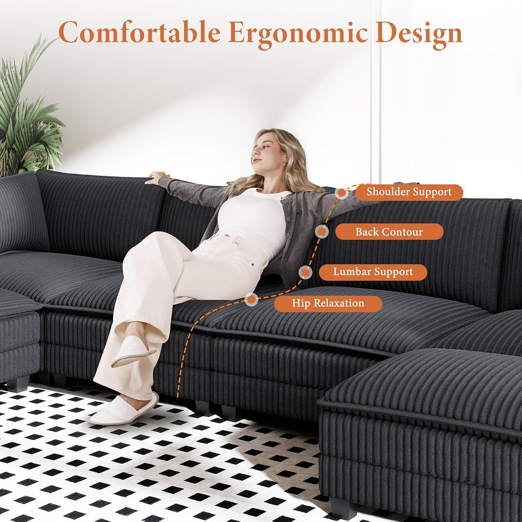 Vesgantti 143' U Shaped Sectional Modular Couch, Comfy Corduroy Upholstered Modular Cloud Sofas for Living Room, Modern Sectional Sofa with 2 Ottoman Deep Seat, Dark Grey