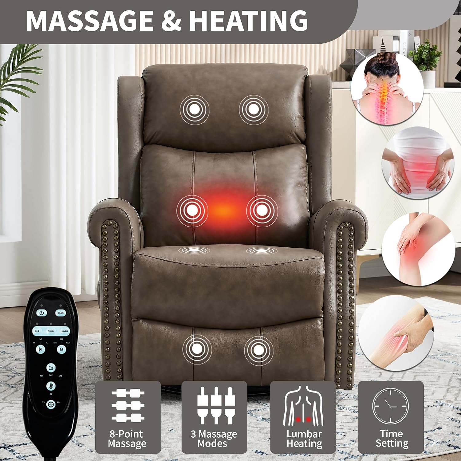 360° Swivel Glider Chair for Nursery, Wingback Genuine Leather Rocking Recliner with Lumbar Heat & Massage, 8-Point Vibration Massage for Living Room Bedroom