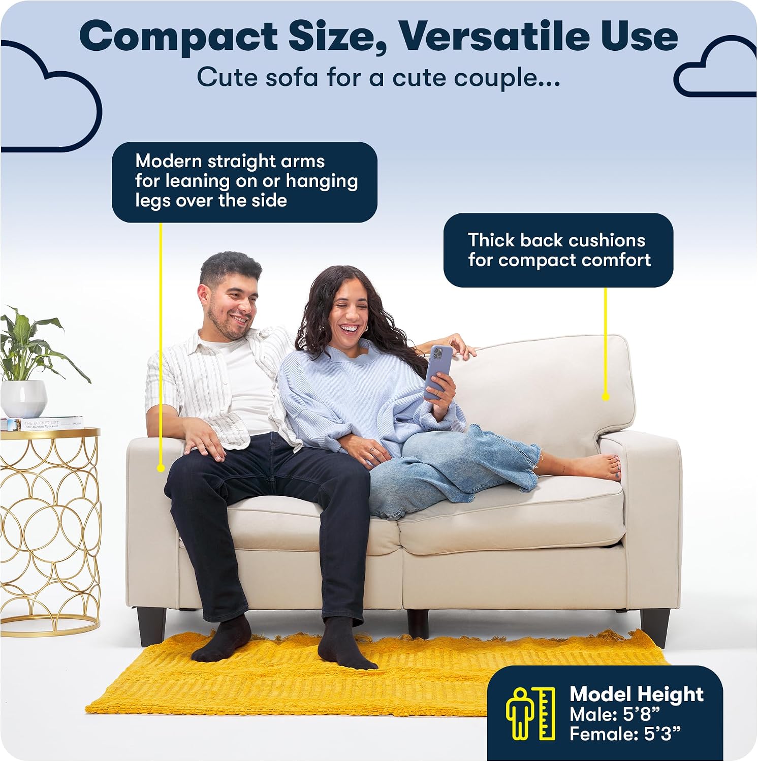 Serta Palisades 61' Track Arm Sofa, Easy Care Polyester, Soft Pillow Back, Pocket Coil Seat Cushions, Removable Covers, Loveseat or Couch for Small Spaces, Living Rooms or Bedrooms, Beige