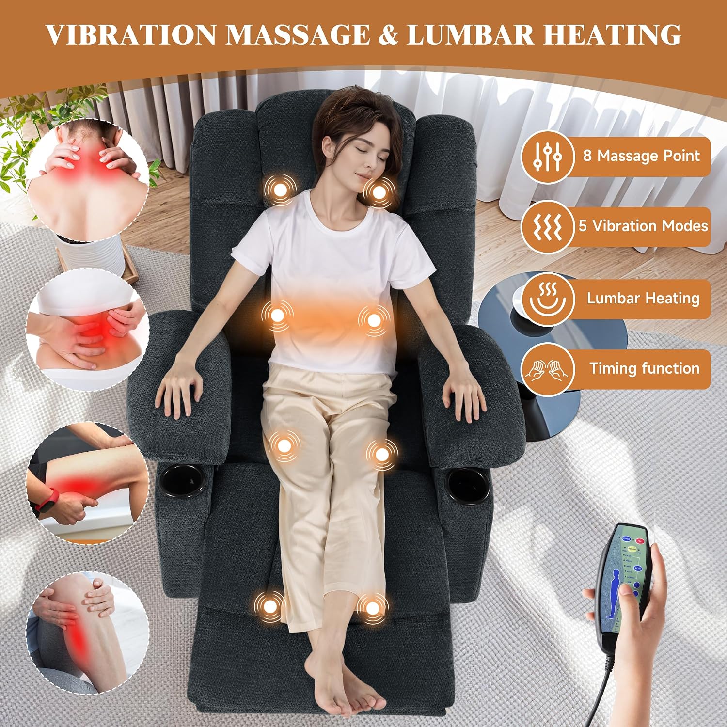 Swivel Rocker Recliner Chair for Adults – Manual Glider Sofa with Massage, Heat & Vibration, 360° Rocking for Living Room (Blue, 30'x30'x40')