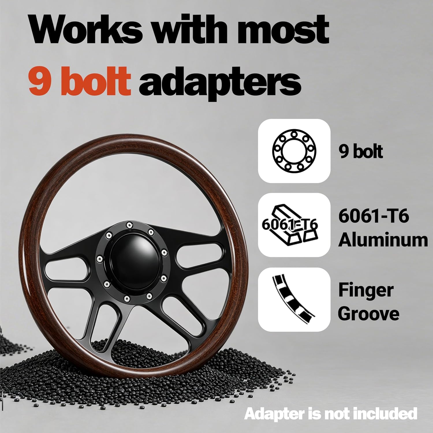 14'' Billet Half Wrap 9 Bolts Steering Wheel with 2'' Dish and Horn Button(Walnut Wood)
