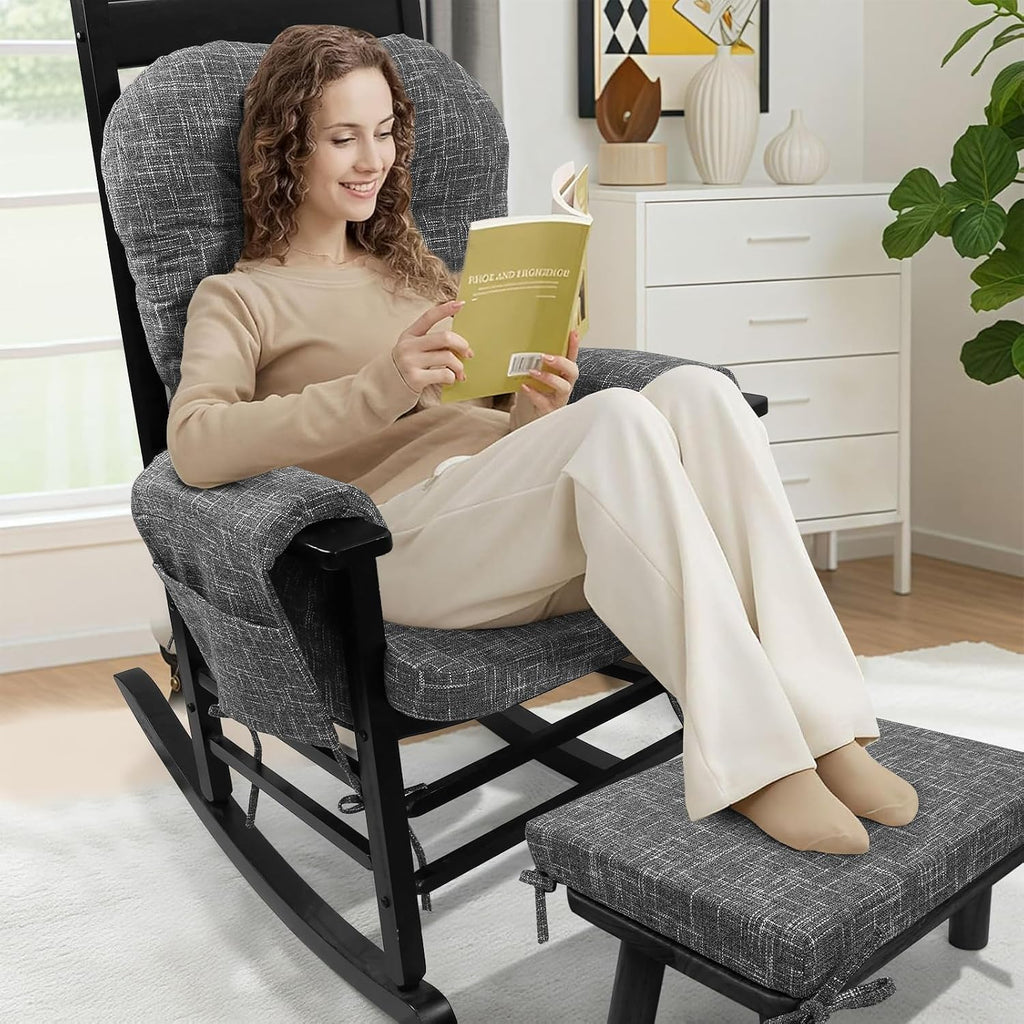 SINOSSO Glider Rocker Cushion Set (5 Pcs), Soft Blended Fabric High-Density Support Foam Seat Cushions with Ties, Fits Rocking Chair/Nursery Glider & Ottoman, Light Gray