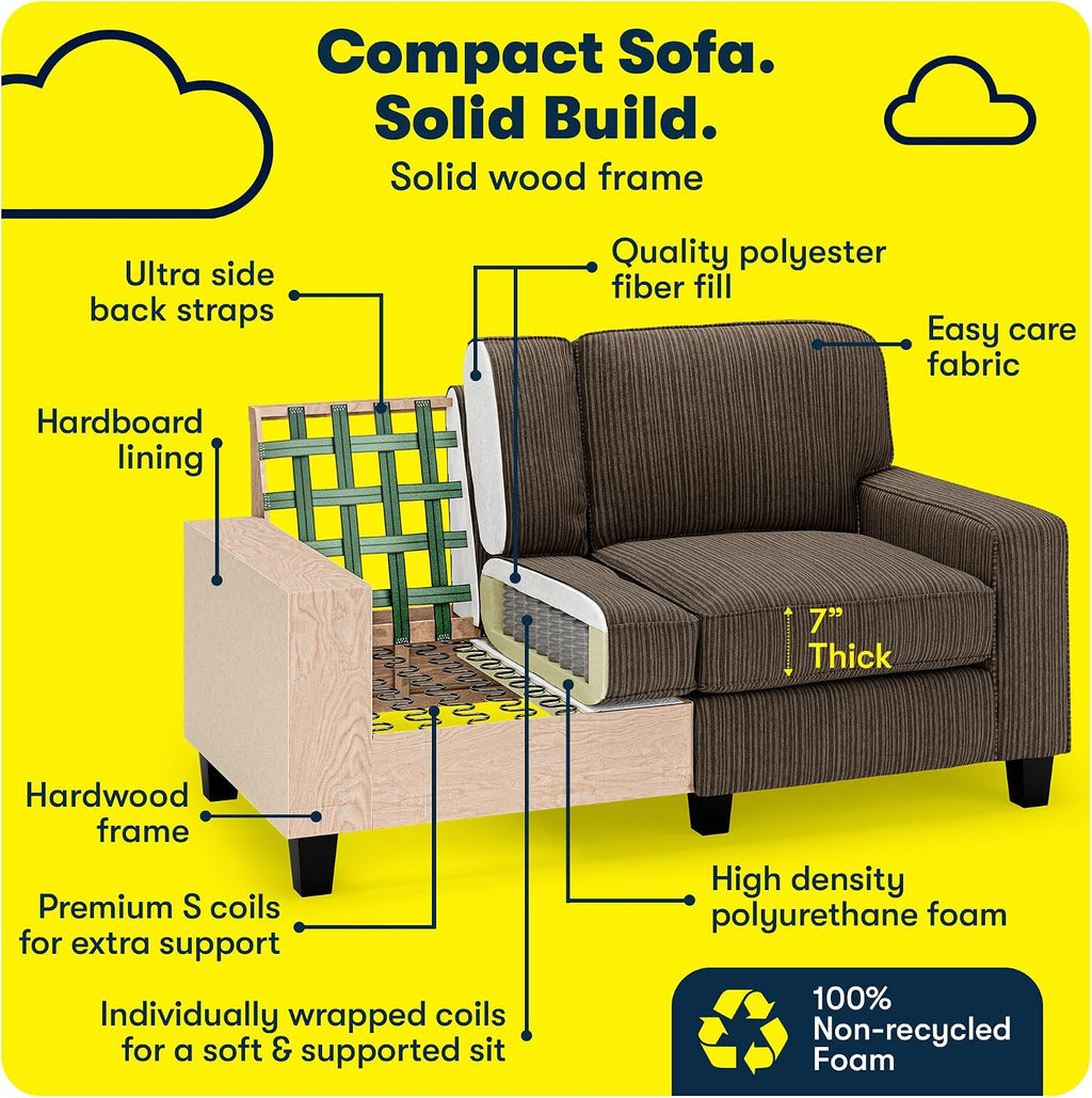 Serta Palisades 61' Track Arm Sofa, Easy Care Polyester, Soft Pillow Back, Pocket Coil Seat Cushions, Removable Covers, Loveseat or Couch for Small Spaces, Living Rooms or Bedrooms, Brown