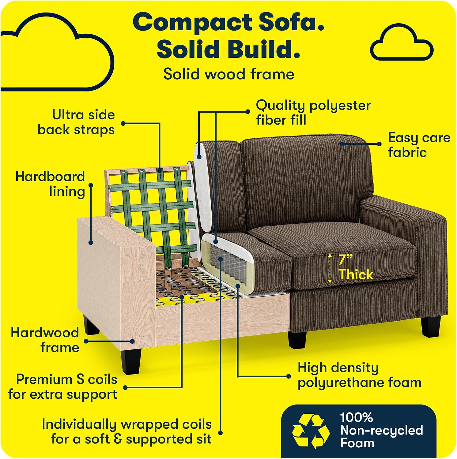 Serta Palisades 61' Track Arm Sofa, Easy Care Polyester, Soft Pillow Back, Pocket Coil Seat Cushions, Removable Covers, Loveseat or Couch for Small Spaces, Living Rooms or Bedrooms, Brown