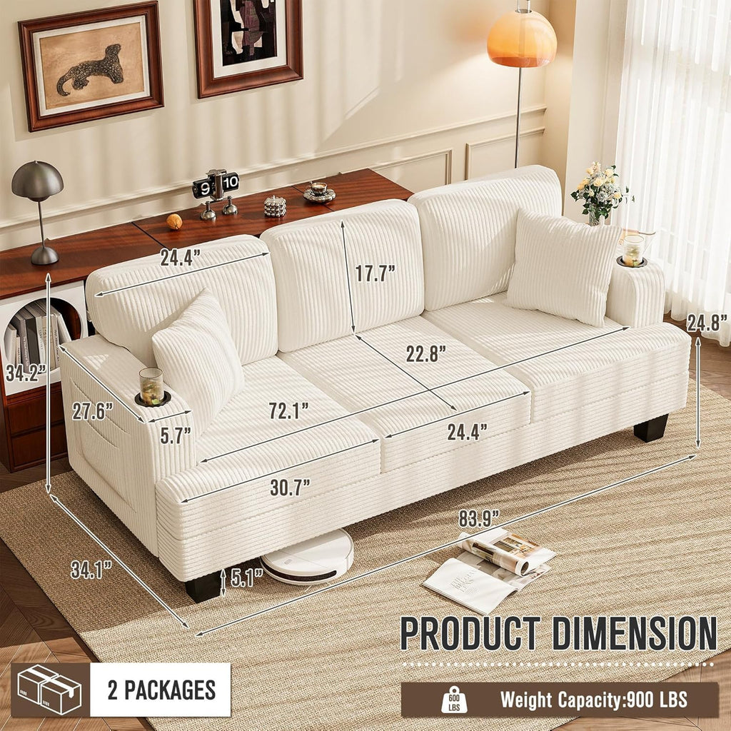 83' Modern Couch with Cup Holders, 3 Seater Couch with Comfy Pillow & Side Storage Pockets, Corduroyn Small Couch with Deep Seat Couch for Living Room, Bedroom, Apartment and Office (Beige)
