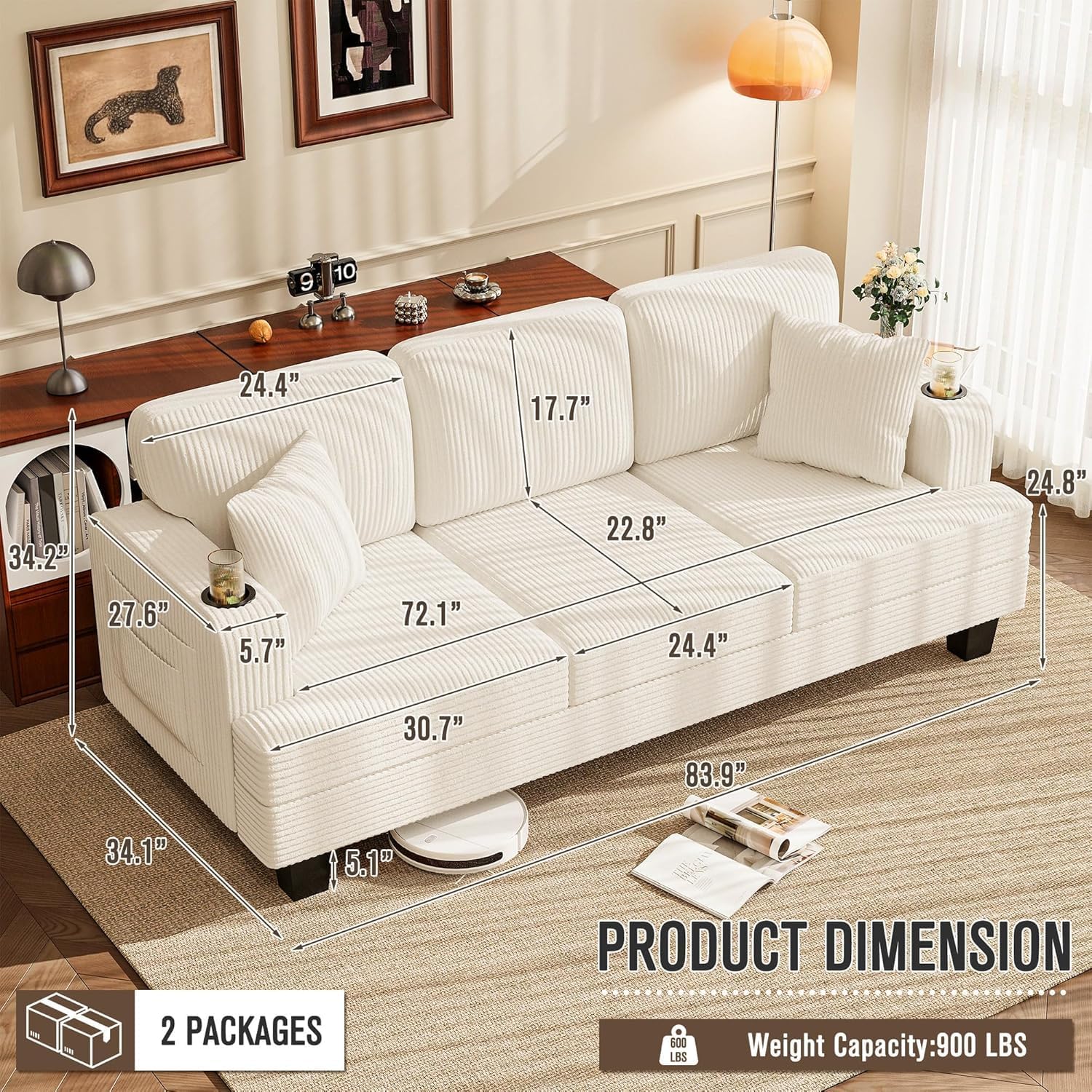 83' Modern Couch with Cup Holders, 3 Seater Couch with Comfy Pillow & Side Storage Pockets, Corduroyn Small Couch with Deep Seat Couch for Living Room, Bedroom, Apartment and Office (Beige)