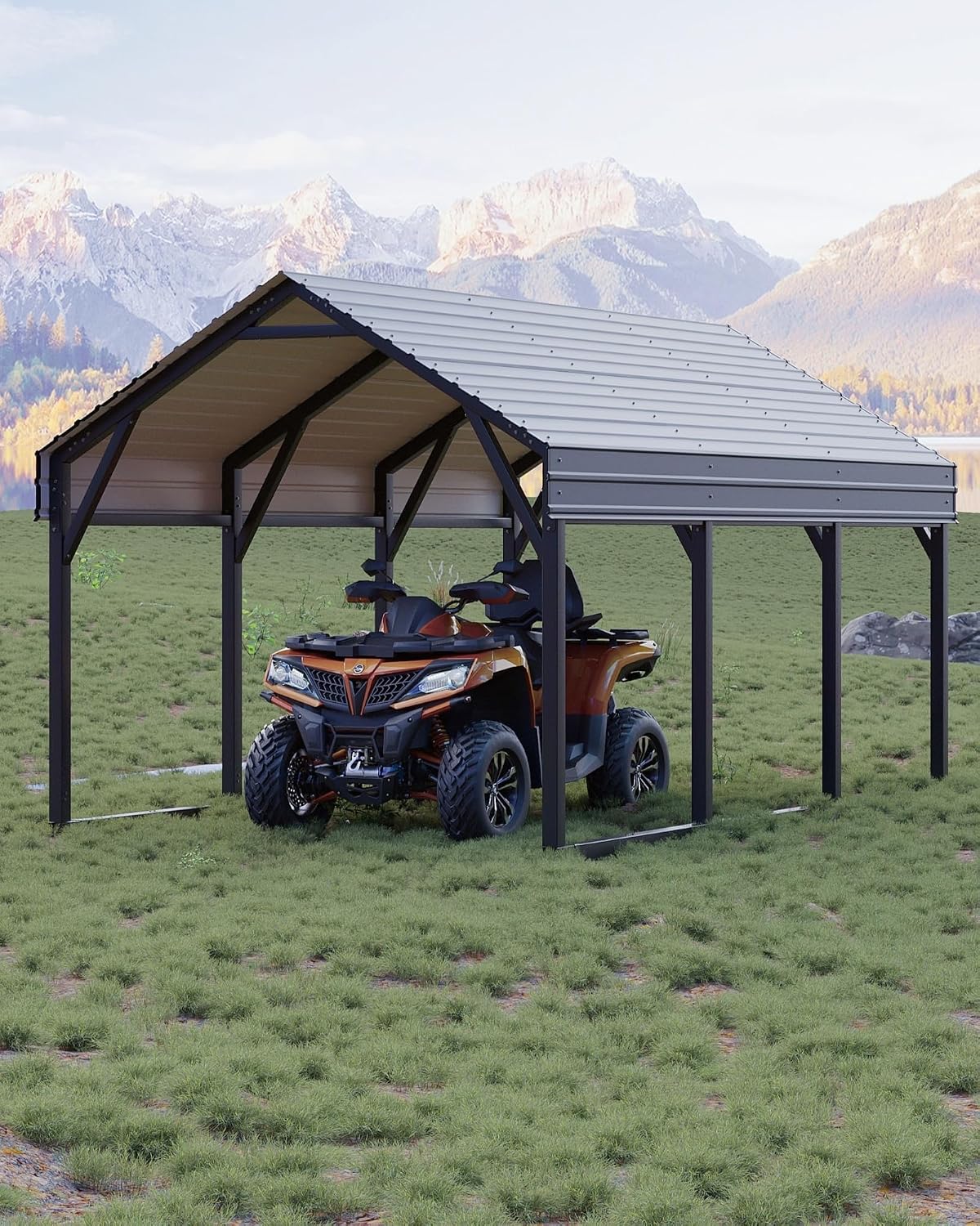 GarveeLife 12x13 ft Metal Carport Shed, Reinforced Frame and Steel Roof for All-Weather Use, Permanent Shelter for Cars, Motorcycles, ATVs, or Boats