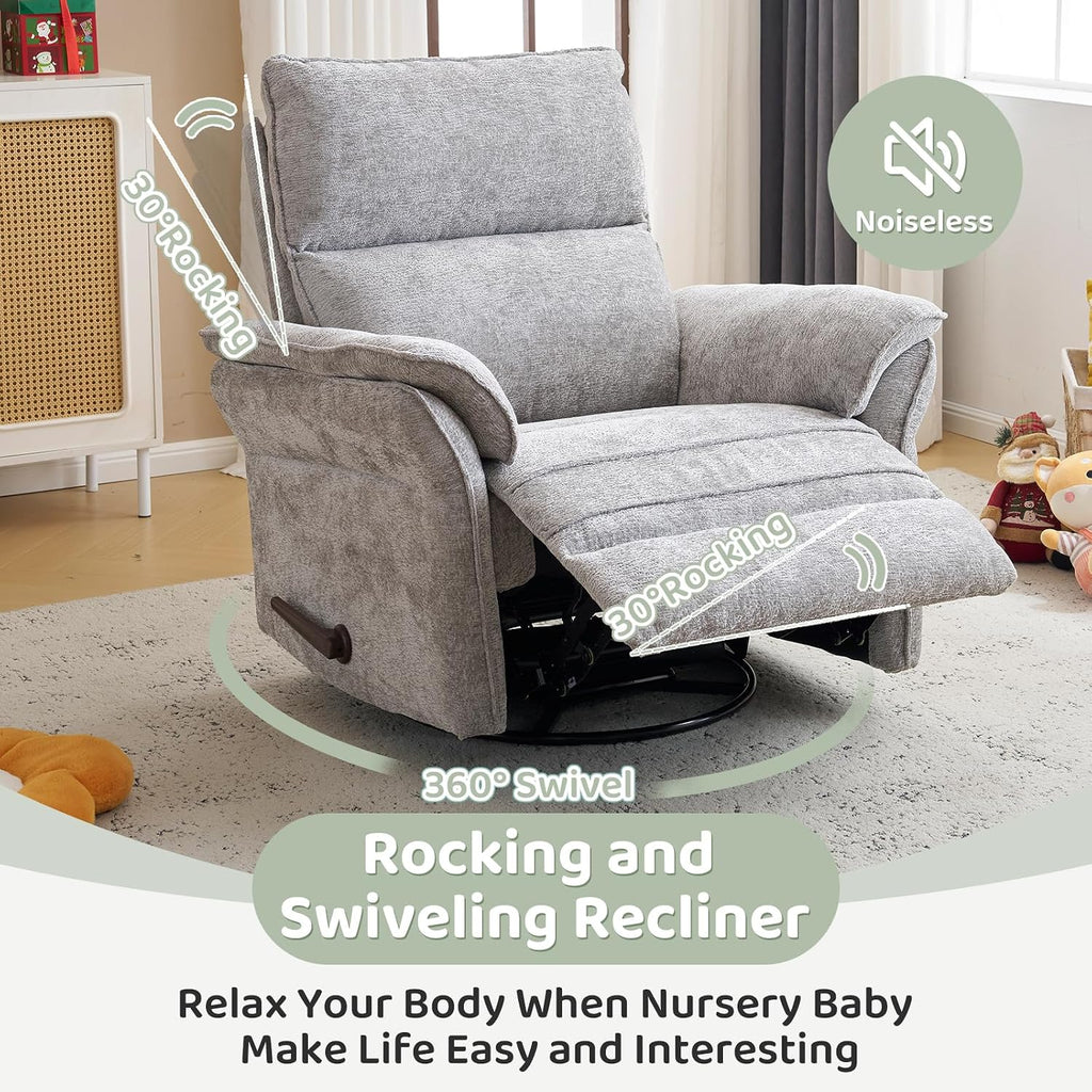 Swivel Rocker Recliner with Adjustable Headrest,Upholstered Glider Rocker Recliner with Overstuffed Armrest,Manual Recliner Nursery Chair for Living Room,Light Grey