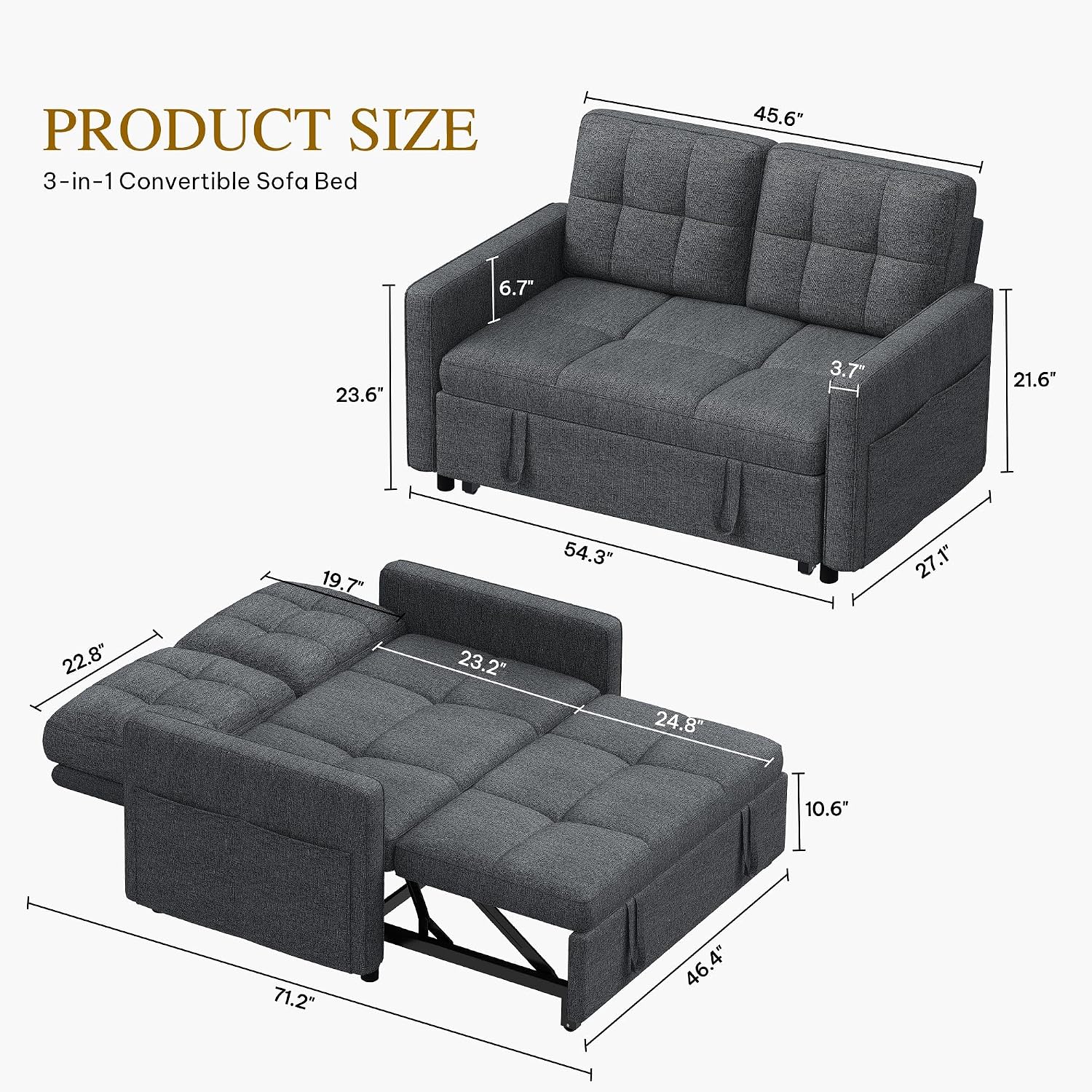 YITAHOME 55' Convertible Sofa Bed, 3-in-1 Sleeper Sofa with Iron Frame Pull-Out Bed, Linen Futon Couch with Reclining Backrest and Side Pocket, Modern Loveseat for Living Room Bedroom Apartment, Grey