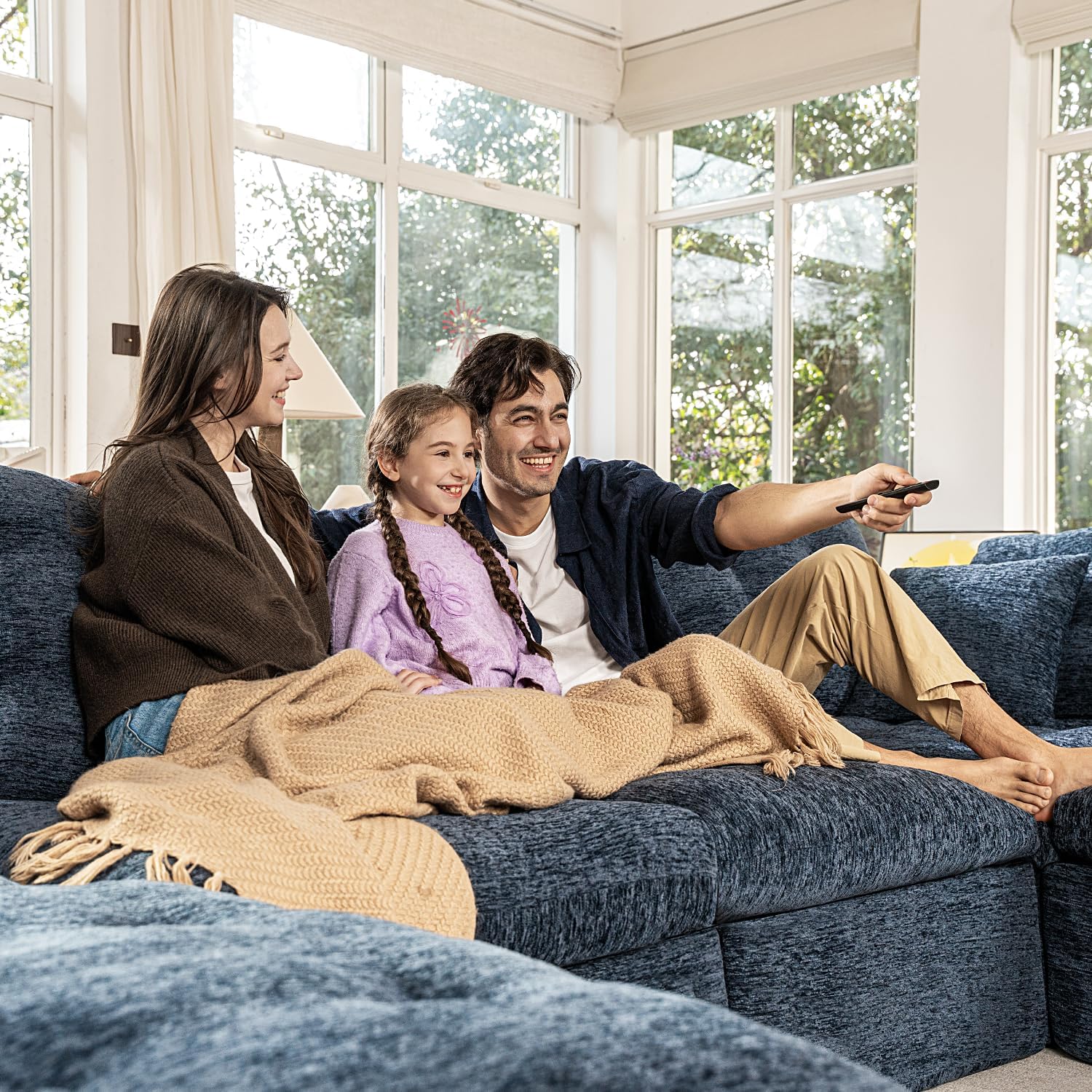 110' Cloud Sectional Couches L-Shaped Modular Boneless Chenille Sofa Couches with Deep Seat Ottoman and Side Pockets, Module Combination for Living Room 3 Seater