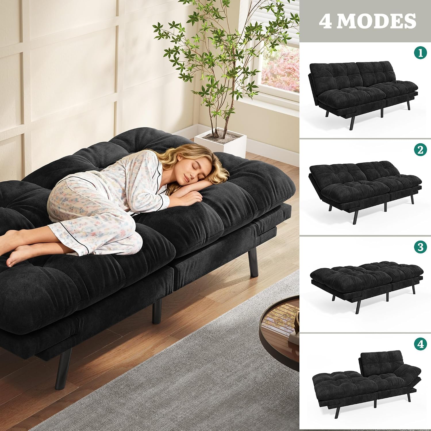 DWVO Sofa Bed with 3-Position Adjustable Backrest & Armrests, Upholstered Loveseat Couch Bed, Expandable Foldable Design for Living Room, Bedroom, Black
