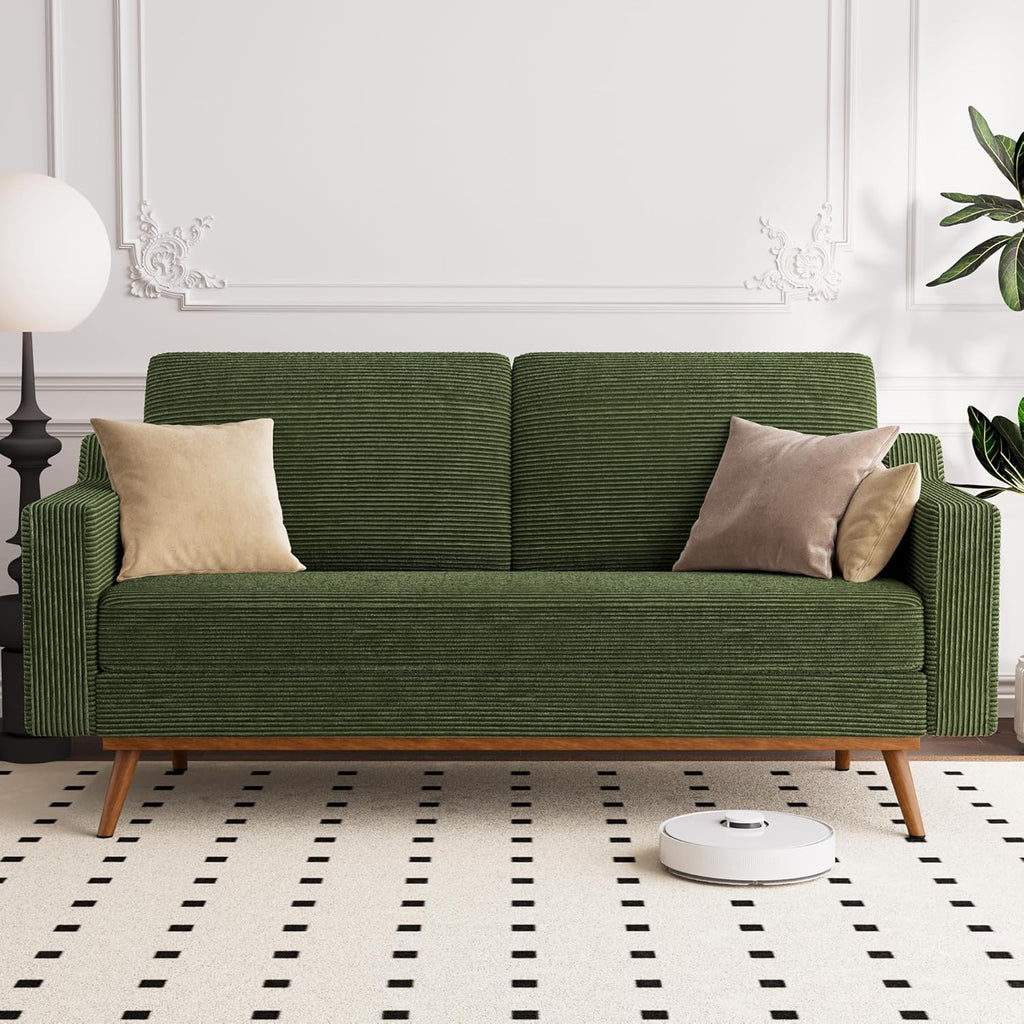 Vipbear 65.4' Loveseat Sofa Green Corduroy Couch, Mid-Century Modern Small Couches for Living Room, Bedroom, Office, Comfy Sofa with Spring Cushion, Solid Wood Frame, Tool-Free Assembly
