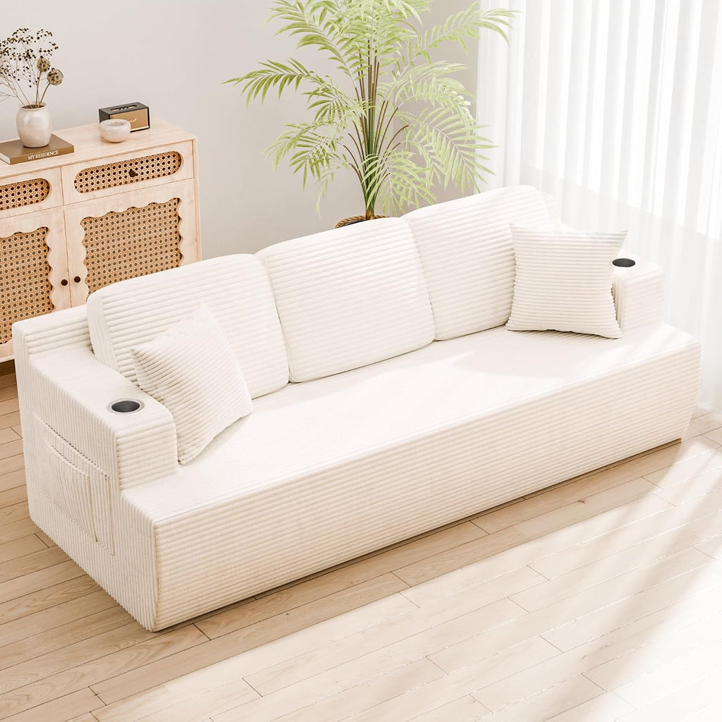 Homall 87' Boneless Sofa Couch with 2 Pillows Extra Deep Seats, Corduroy Fabric 3 Seater with Cup Holder & Storage Pocket Upholstered Floor Easy Installation (White, 3 Seater)