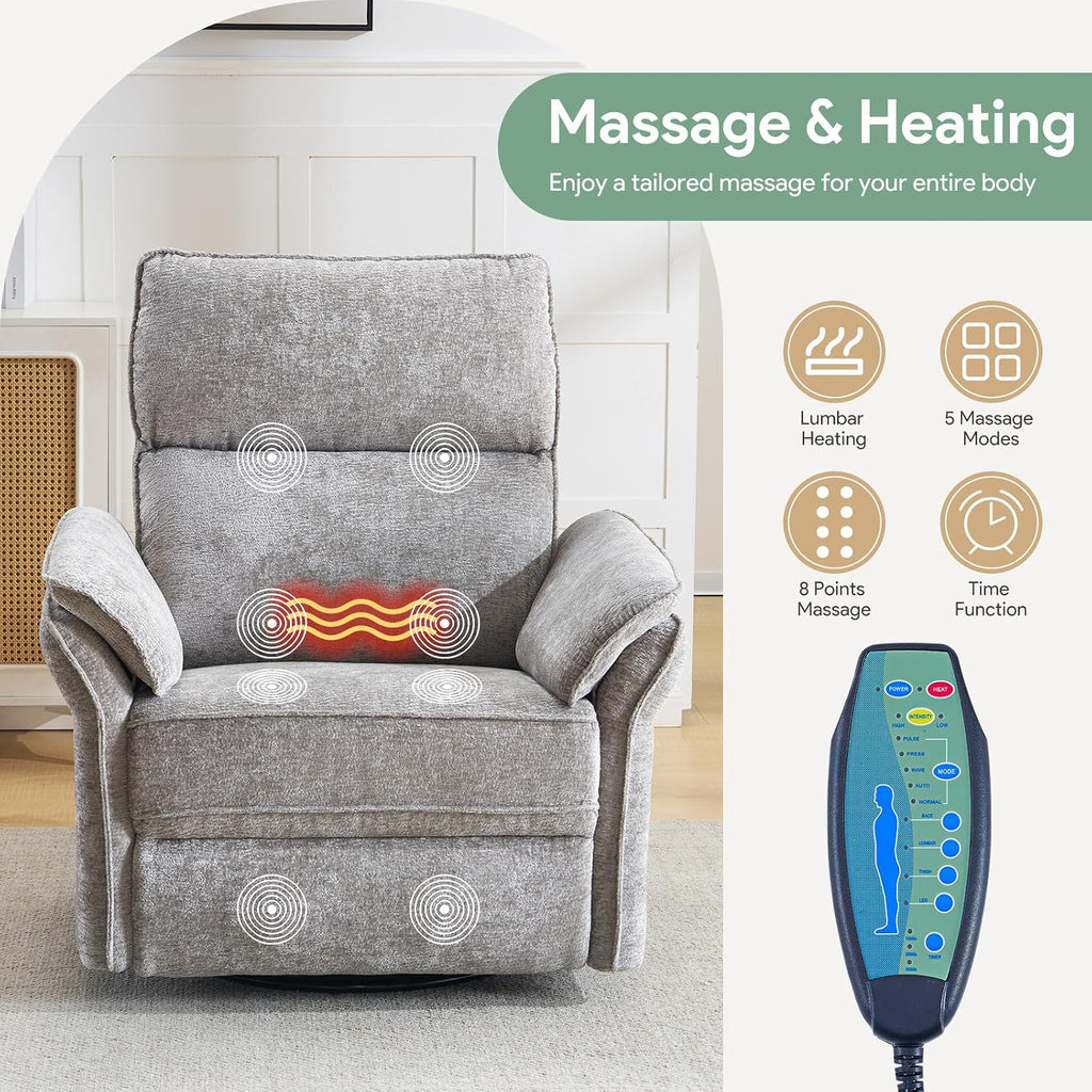 Power Nursery Rocking Chair with Massage and Heat,Swivel Rocker Recliner with Adjustable Headrest,Glider Recliner Nursery Chair for Breastfeeding,Nursery Rocker Recliner for Living Room,Light Grey