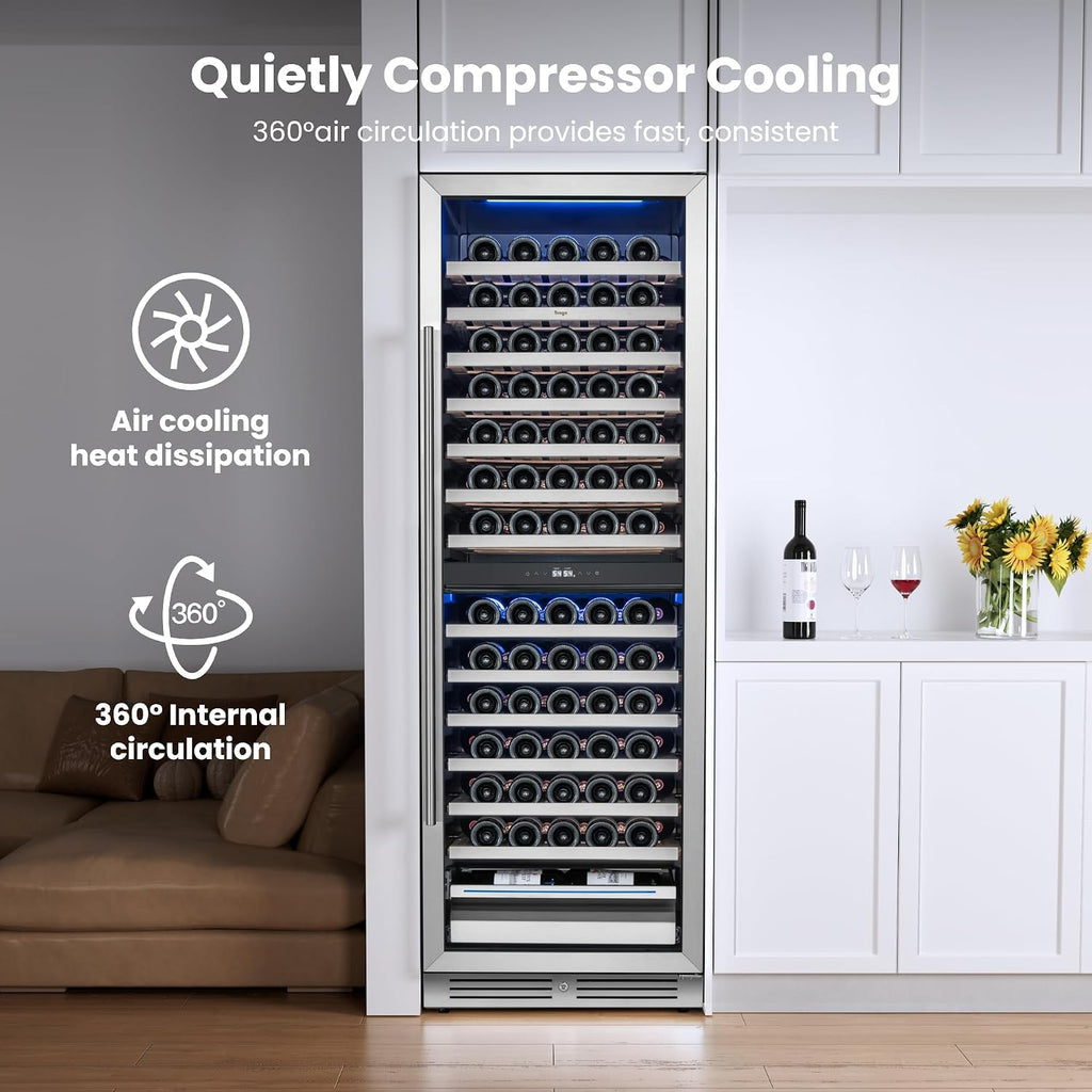 Yeego 24 Inch Wine Fridge – Wine Cooler Refrigerator 40°F-65°F, 304 Stainless Steel Glass Door Lock, Temp Memory Blue & White LED Built-in Fridge with Adjustable Shelves (154 Bottle)