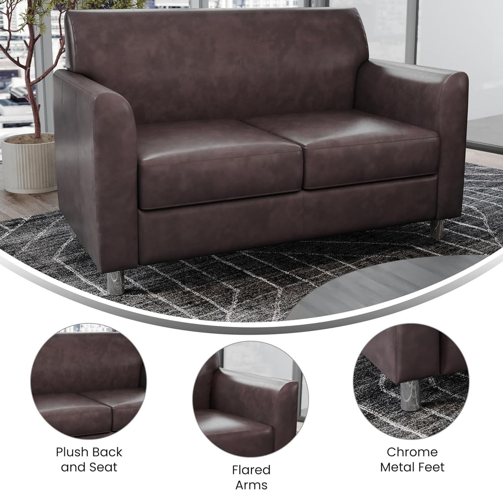 Flash Furniture Hercules Diplomat Side Reception Loveseat with Chrome Legs, Lobby Chair with Cushions and Flared Arms, Brown LeatherSoft