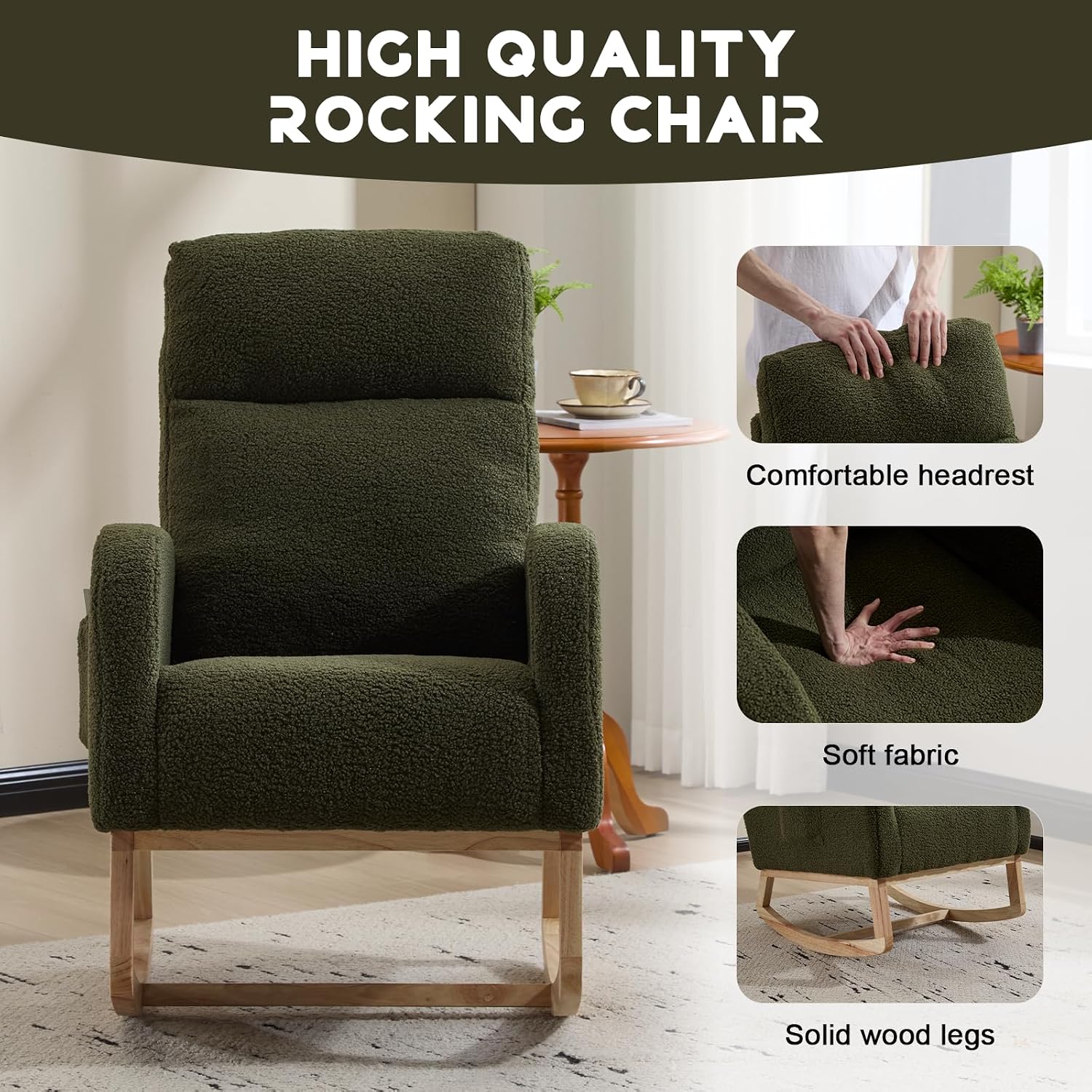 Cloud Rocking Chair Nursery, Comfy Glider Nursery Chair with Foot Rest, Upholstered Rocker, Modern Accent Reading Armchair with Solid Wood Base for Living Room, Bedroom (40' Green)