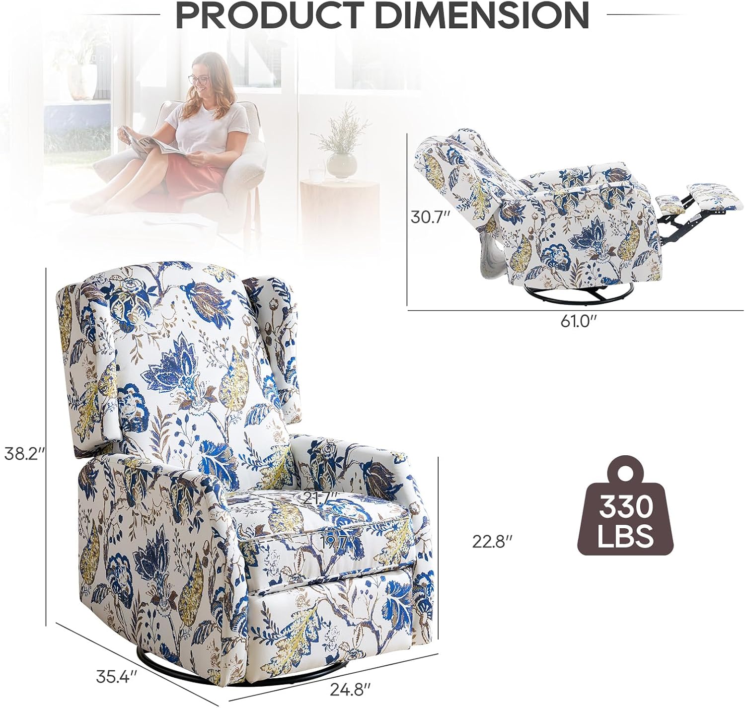 Floral Accent Swivel Rocker Recliner, Wingback Recliner Chair with Padded Seat, High Back Upholstered Armchair for Living Room, Bedroom, Home Ofiice, Blue Floral