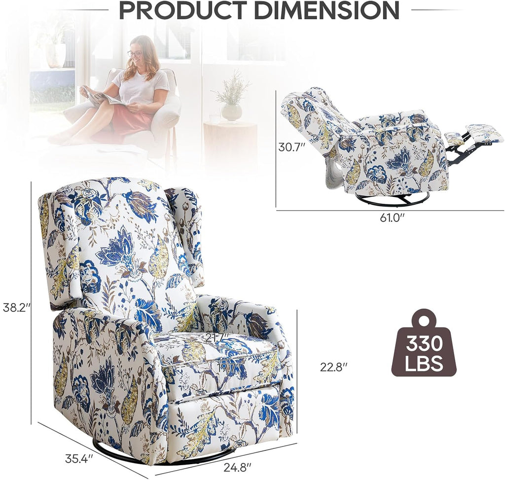 Swivel Rocker Recliner,Wingback Recliner Chair,Floral Accent Chair Fabric Chair with High Back,Padded Seat for Living Room,Bedroom, Home Office (Blue)