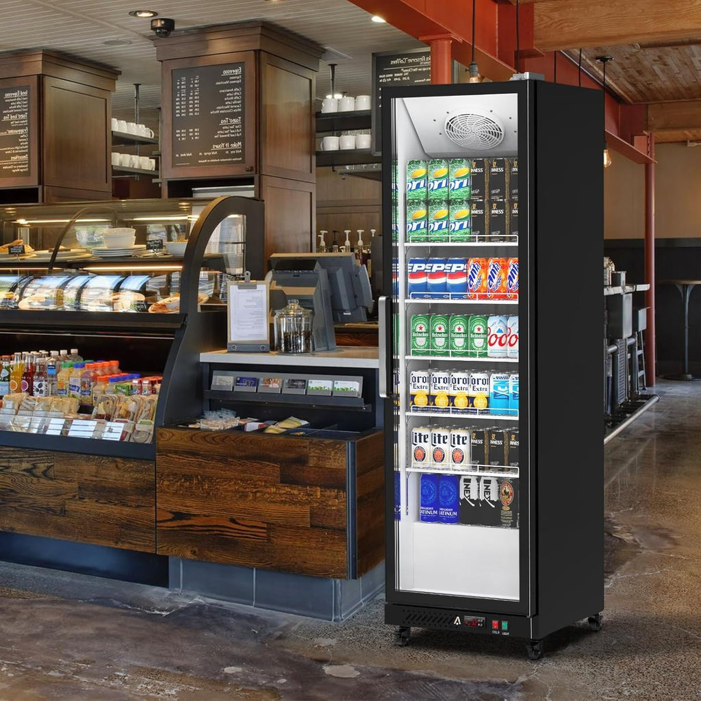 PeakPursuit Commercial Display Refrigerator, 12.4 Cu.Ft. Beverage Refrigerator Glass Door Beverage Cooler, Upright Merchandiser Cooler Display Fridge With LED Light and Adjustable Shelves