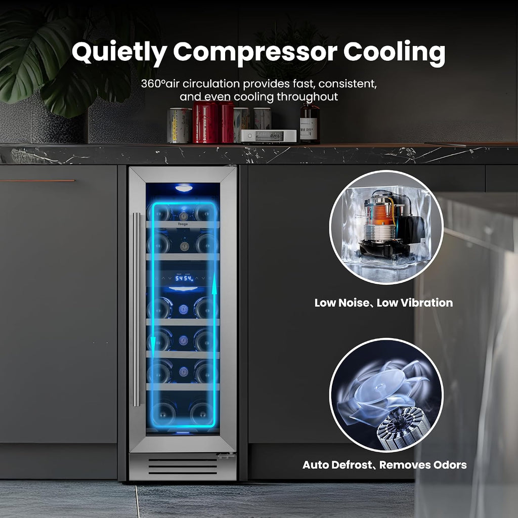 Yeego Wine Fridge Cooler - 12 Inch Wine Fridge Hold 17 Bottles, 40-65°F Dual Zone Wine Refrigerator Glass Door, Built in Fridge, Freestanding or Adjustable Shelves Fridge for Home Bar Office