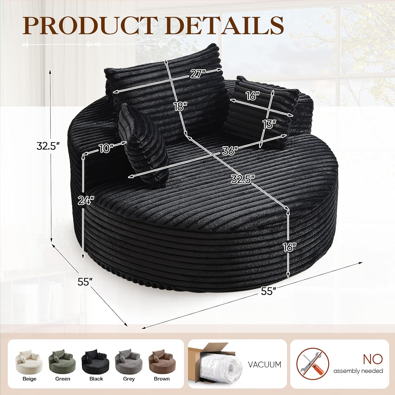 Oversized Round Chaise Longue Chair Indoor, Modern 55-inch Upholstered Corduroy Deep Seat Circle Single Cloud Lounge Floor Sofa Chair for Living Room, Bedroom Apartment, Black