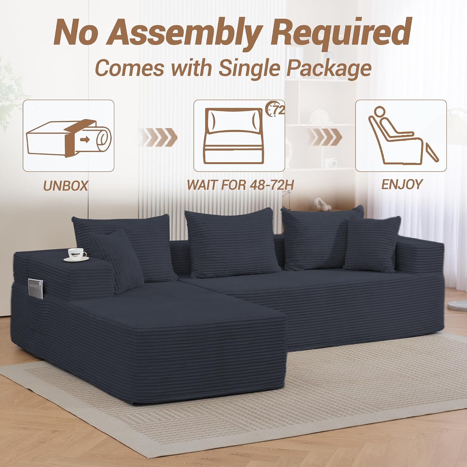 105'' Modular L-Shaped Boneless Sectional, Corduroy Deep Seat Cloud Sectional Couch, Small Space Sofa for Apartment Living Room Bedroom, No Assembly, Black