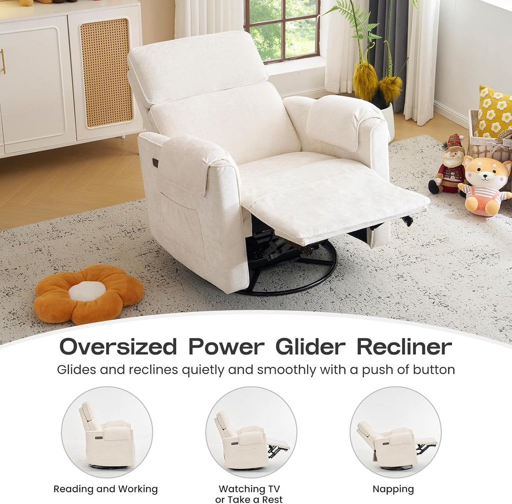 Chenille Rocking Chair Nursery with Adjustable Headrest, 24' Extra Wide Swivel Rocker Recliner with Overstuffed Armrest, Oversized Power Rocker Recliner with USB Ports, Cream