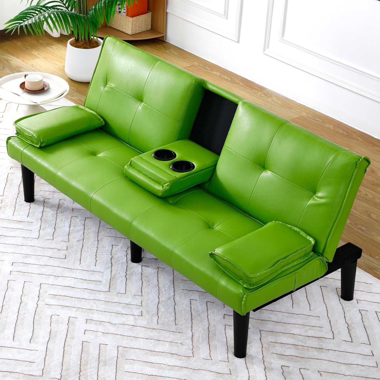 KEIKI 67' Convertible Sofa Bed with Cup Holder, 3 in 1 Futon Sofa Bed, PVC Sleeper Sofa Chair for Living Room, Office, Green