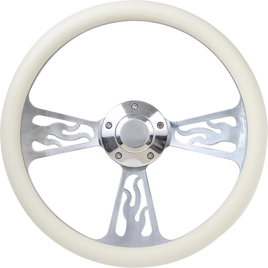Flame Steering Wheel 5-bolt 14 Inch Aluminum with Cream Wrap and Horn