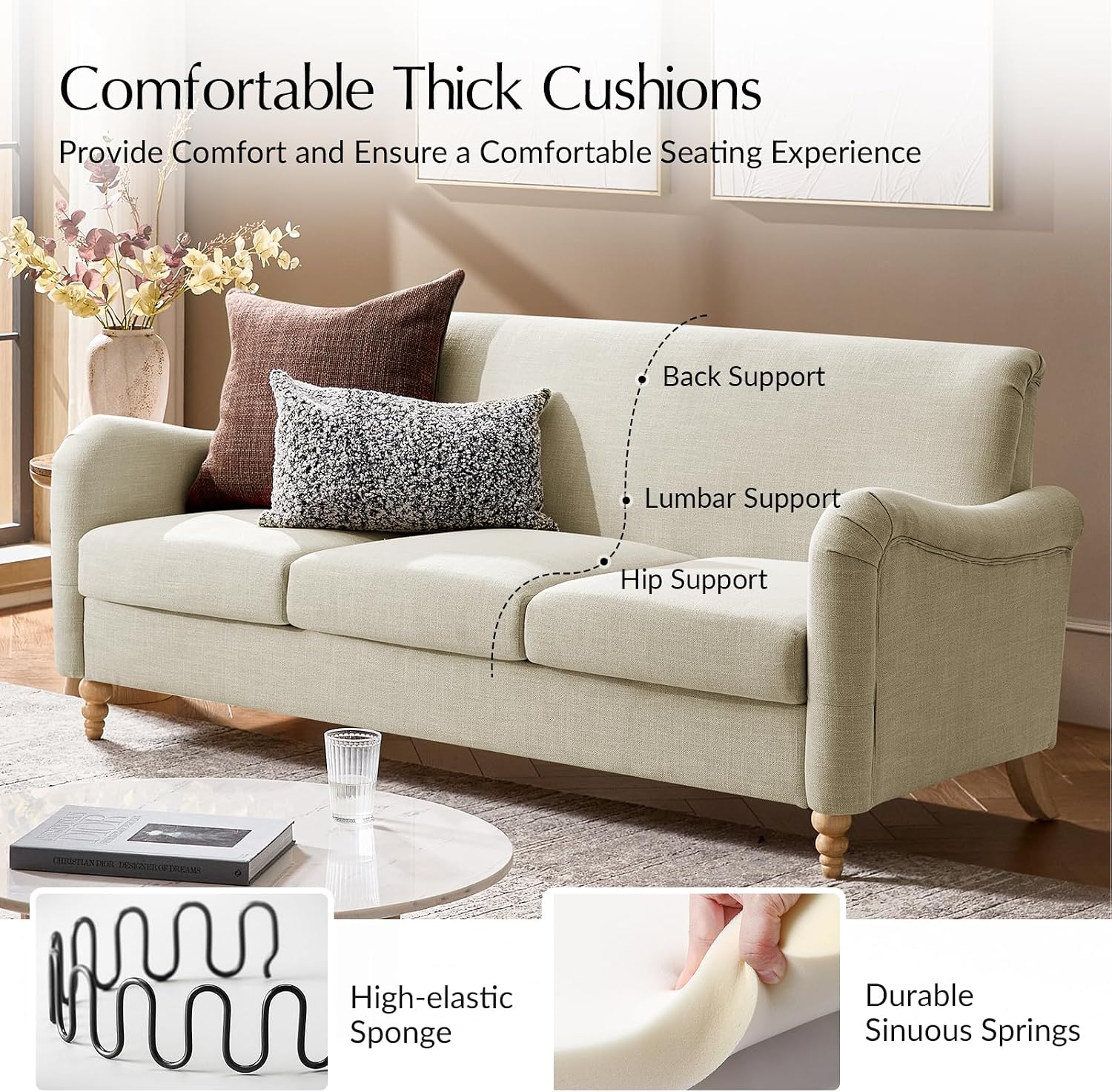HULALA HOME Farmhouse Curved Couch with Solid Wood Spindle Legs, 3 Seater Sofa with Rolled Wide Armrests, Comfy Upholstered Sofa for Living Room Bedroom, Linen