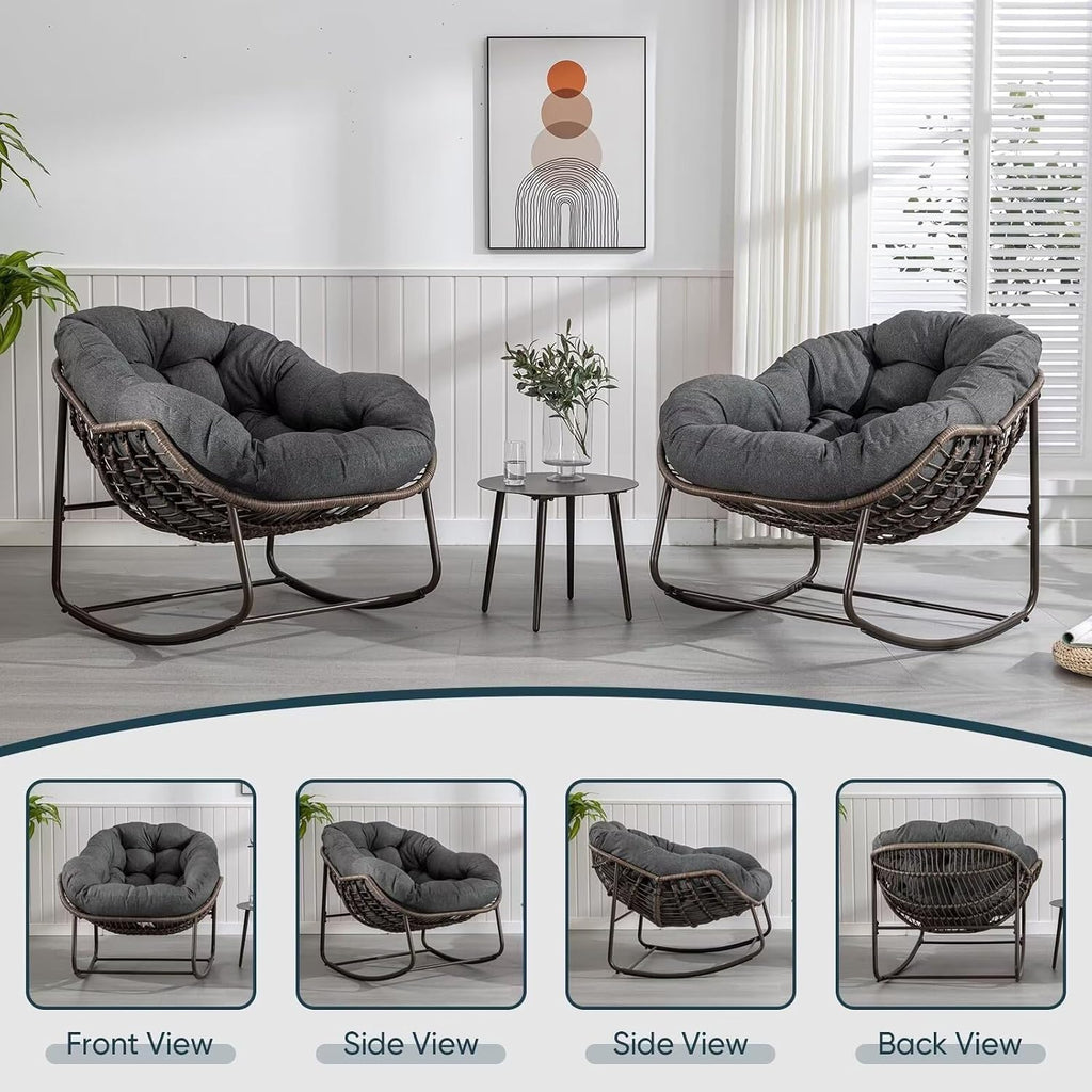 Outdoor Papasan Rocking Chair, Patio Oversized Wicker Egg Rocking Chair, Indoor & Outdoor Comfy Rocker Chair with Thick Cushion, Modern Lounge Chair for Front Porch, Garden, Backyard, Grey