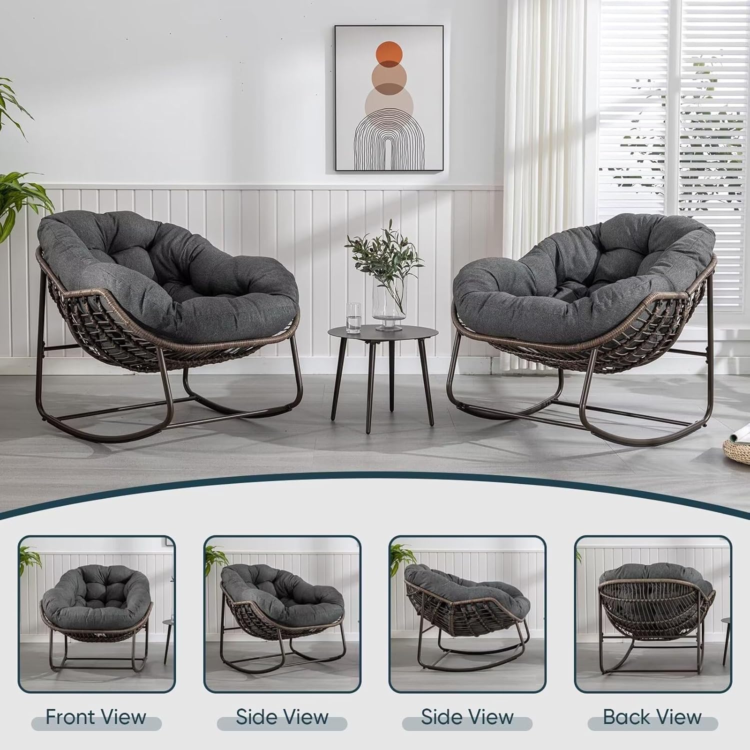 Outdoor Papasan Rocking Chair, Patio Oversized Wicker Egg Rocking Chair, Indoor & Outdoor Comfy Rocker Chair with Thick Cushion, Modern Lounge Chair for Front Porch, Garden, Backyard, Grey