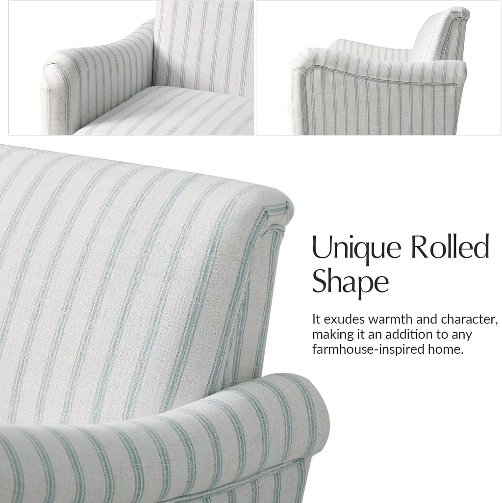HULALA HOME Farmhouse Curved Couch with Stripe Pattern, 3 Seater Sofa with Solid Wood Spindle Legs and Rolled Wide Armrests, Comfy Upholstered Sofa for Living Room Bedroom, Blue