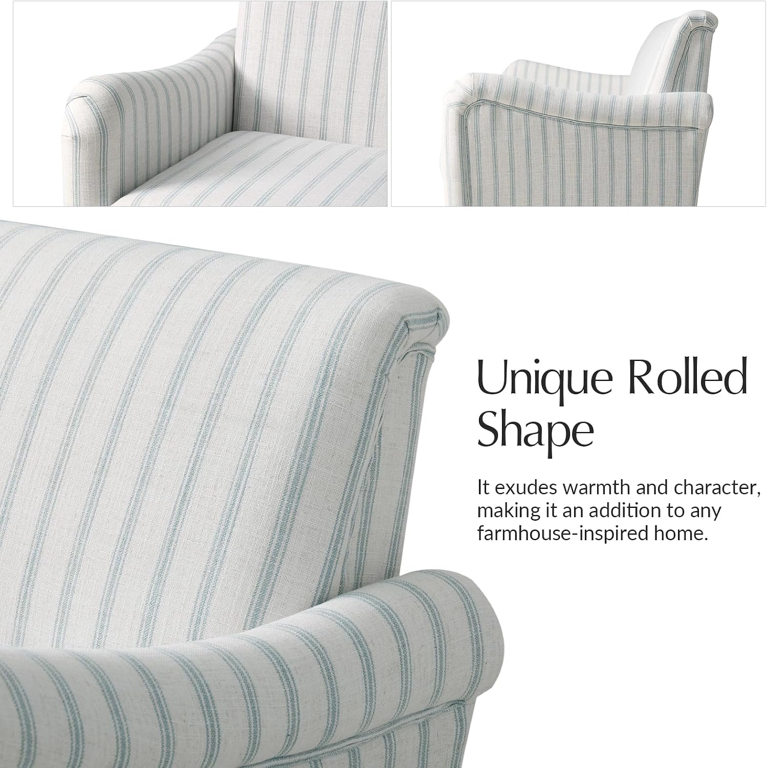 HULALA HOME Farmhouse Curved Couch with Stripe Pattern, 3 Seater Sofa with Solid Wood Spindle Legs and Rolled Wide Armrests, Comfy Upholstered Sofa for Living Room Bedroom, Blue