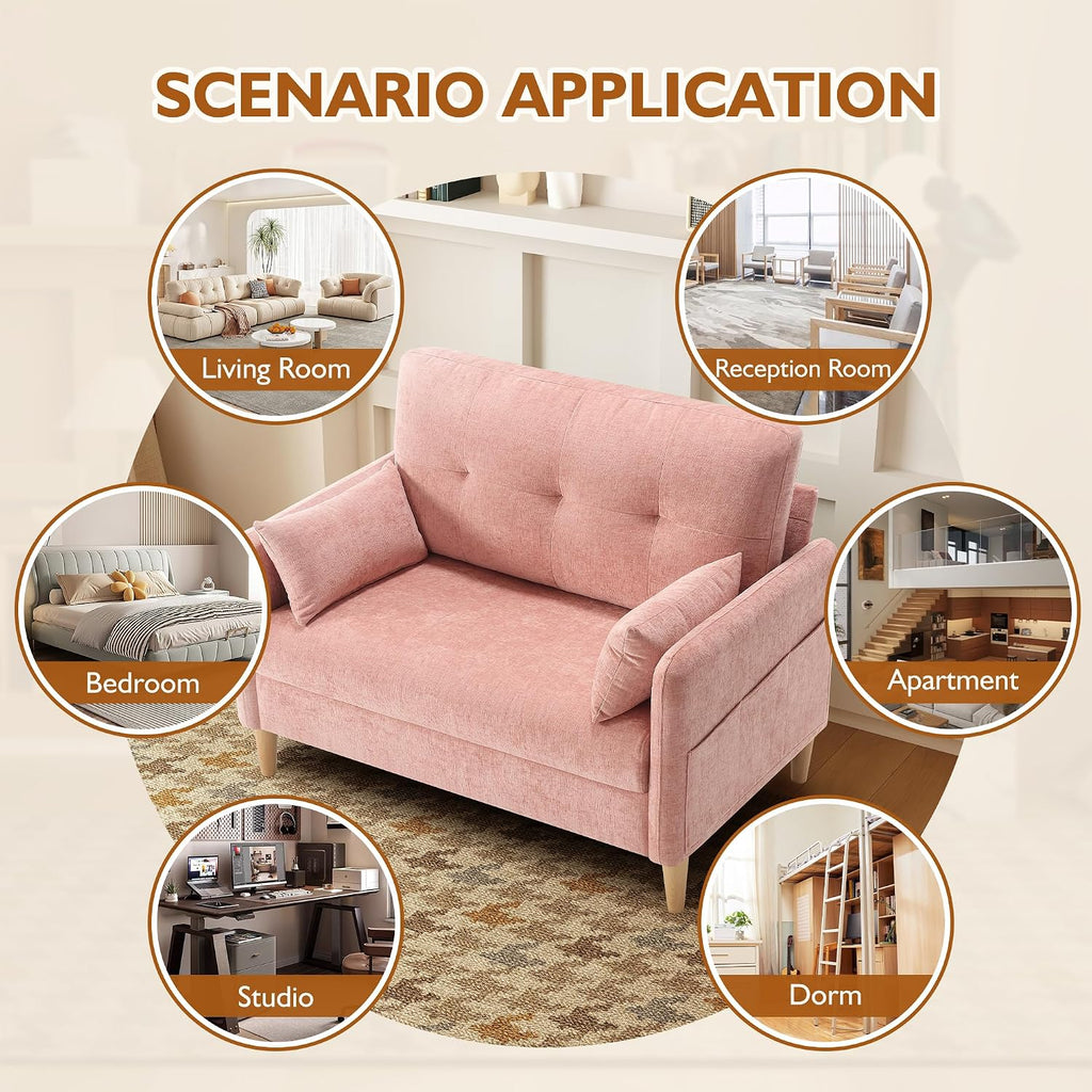 Urhanherry 47' Small Sofa Couch for Bedroom, Soft Chenille loveseat Mini Couch with Throw Pillow and Removable Cushion Cover for Small Spaces, Living Room, Apartment, Dorm, Office(Pink)