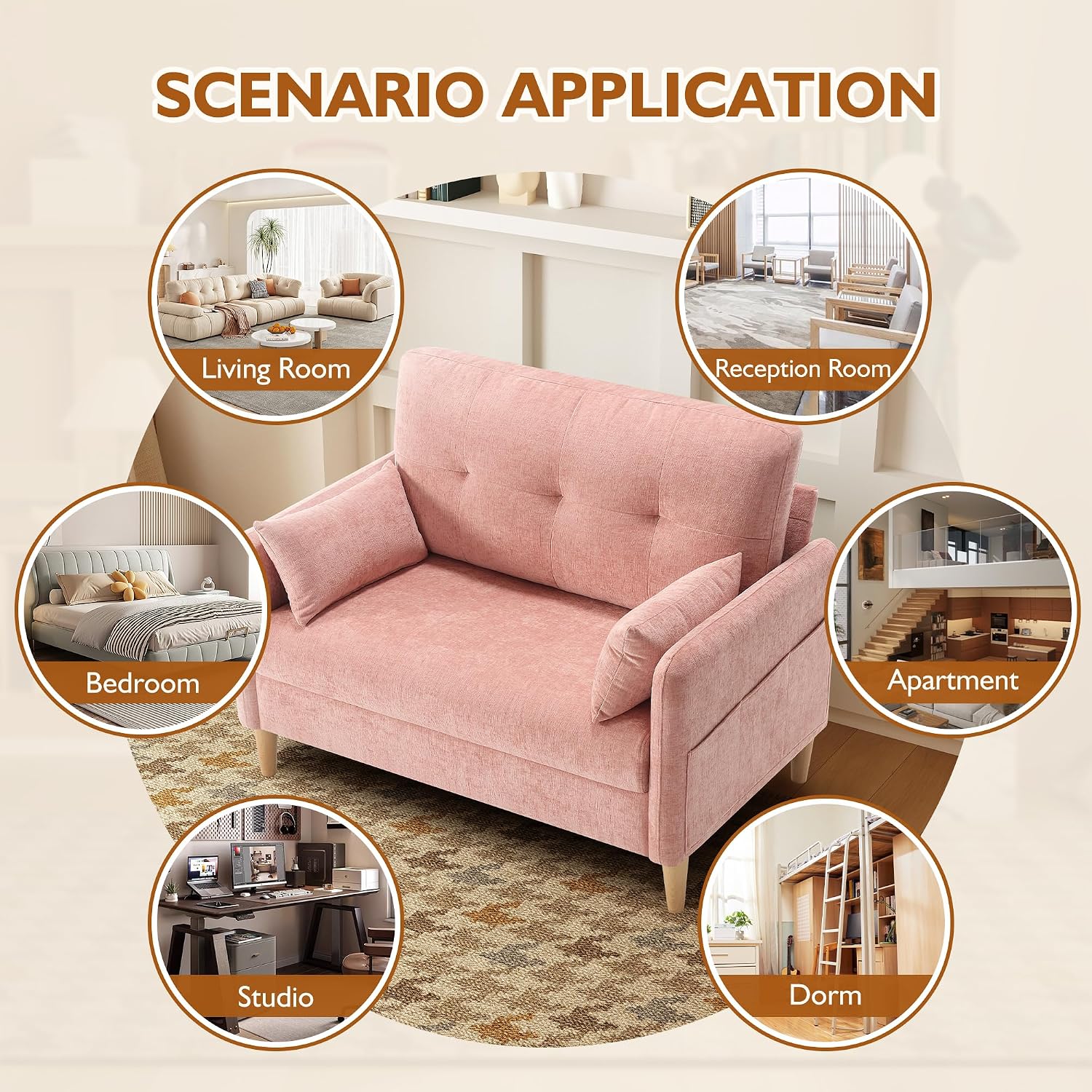 Urhanherry 47' Small Sofa Couch for Bedroom, Soft Chenille loveseat Mini Couch with Throw Pillow and Removable Cushion Cover for Small Spaces, Living Room, Apartment, Dorm, Office(Pink)