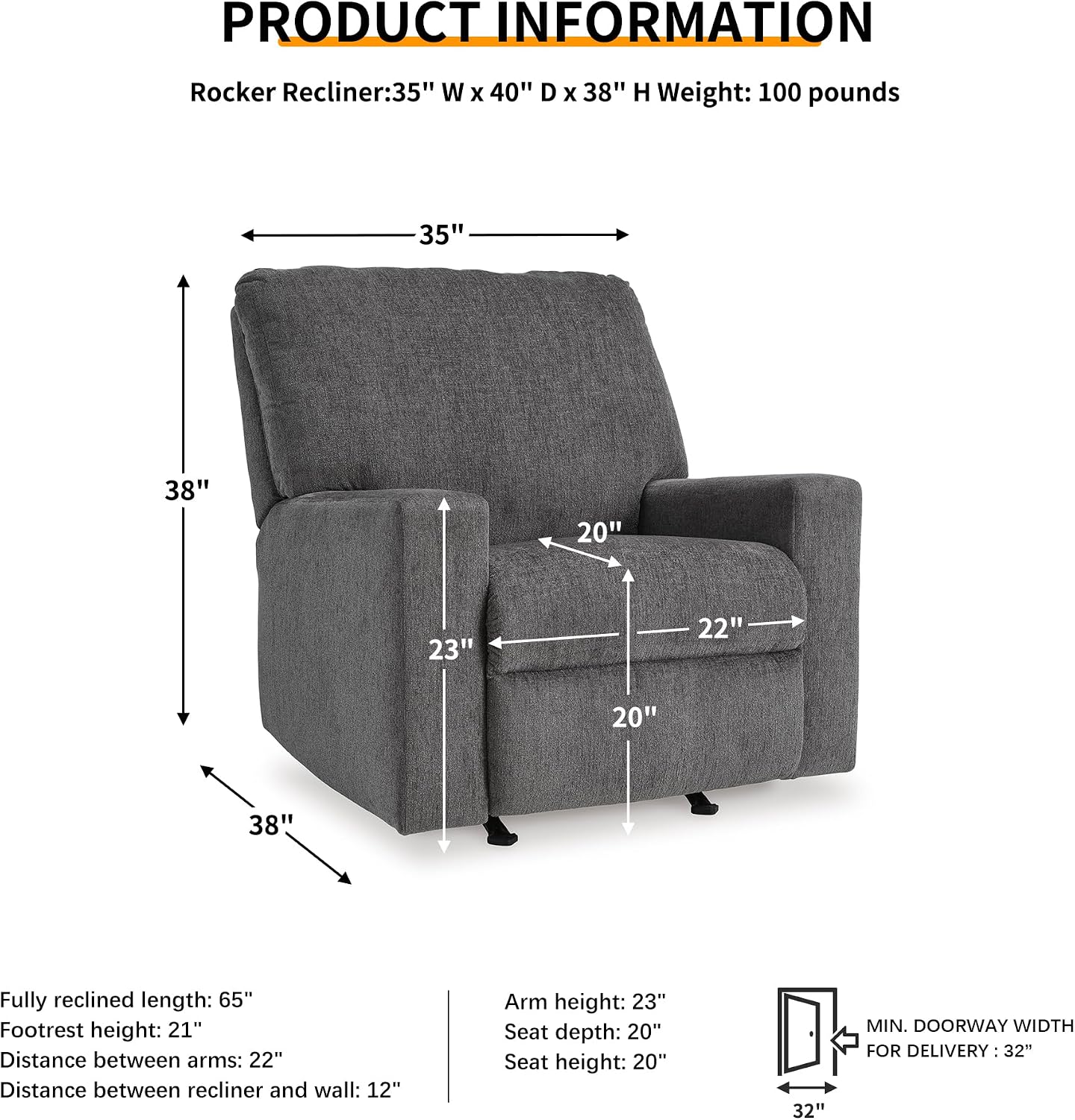 Signature Design by Ashley Rannis Casual Manual Rocker Recliner, Gray