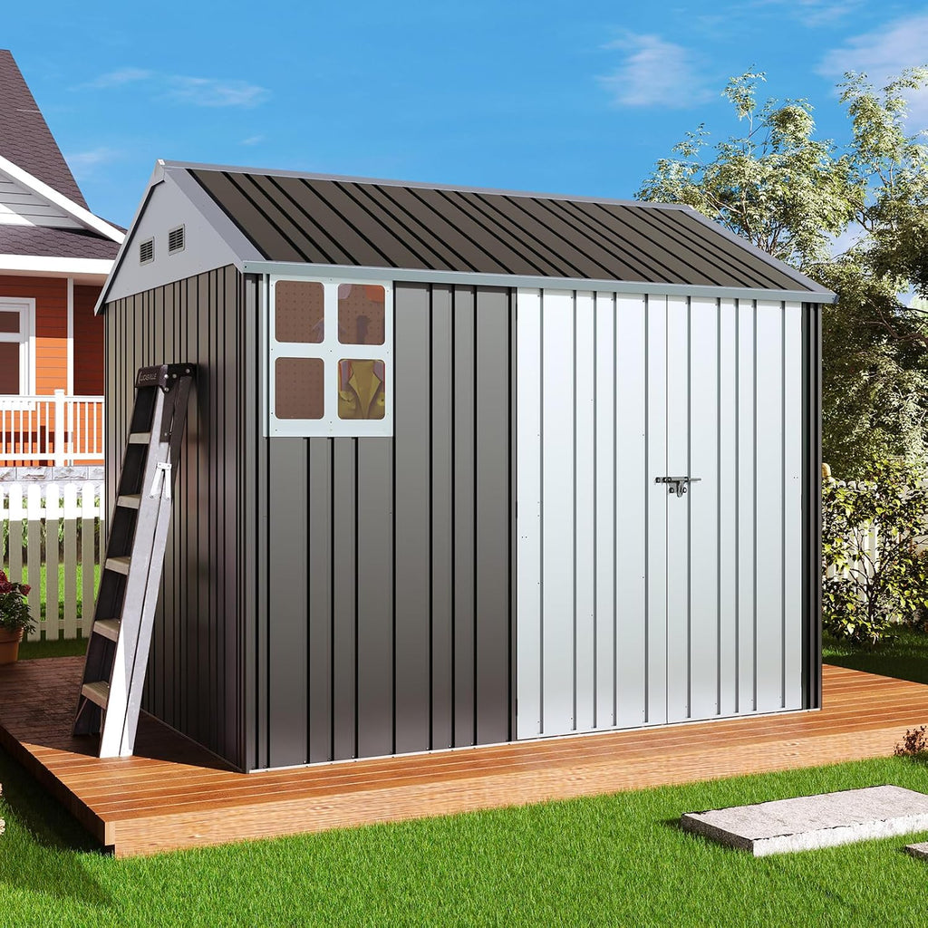 VanAcc 8.5x7.1x7.5 FT Galvanized Steel Outdoor Storage Shed, Lockable Double Hinged Doors and 4 Vents, Metal Shed for Backyard Storage, Dark Black/White