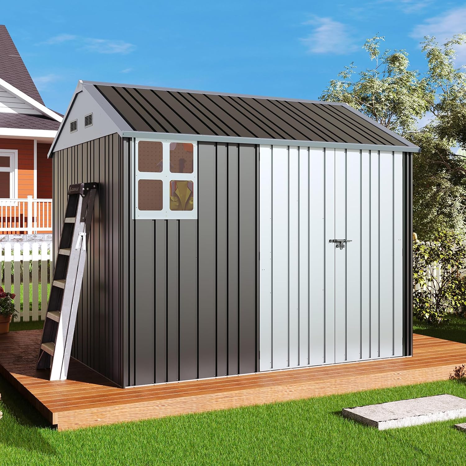 VanAcc 8.5x7.1x7.5 FT Galvanized Steel Outdoor Storage Shed, Lockable Double Hinged Doors and 4 Vents, Metal Shed for Backyard Storage, Dark Black/White