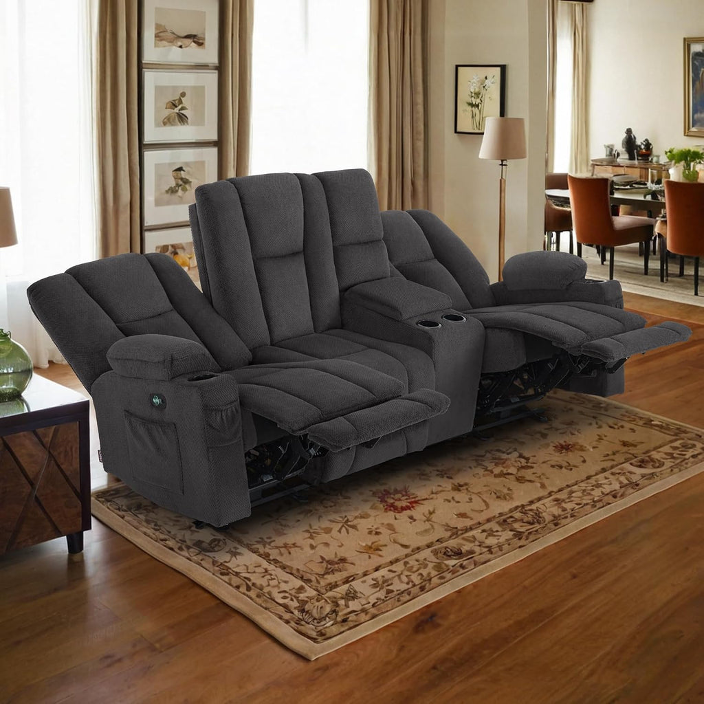 MCombo Zero Gravity 3 Seater Power Reclining Sofa with Console, Heat and Vibration Massage, Recliner Couch for Living Room, Fabric 6035SET (Grey, 3 Seater with Console)
