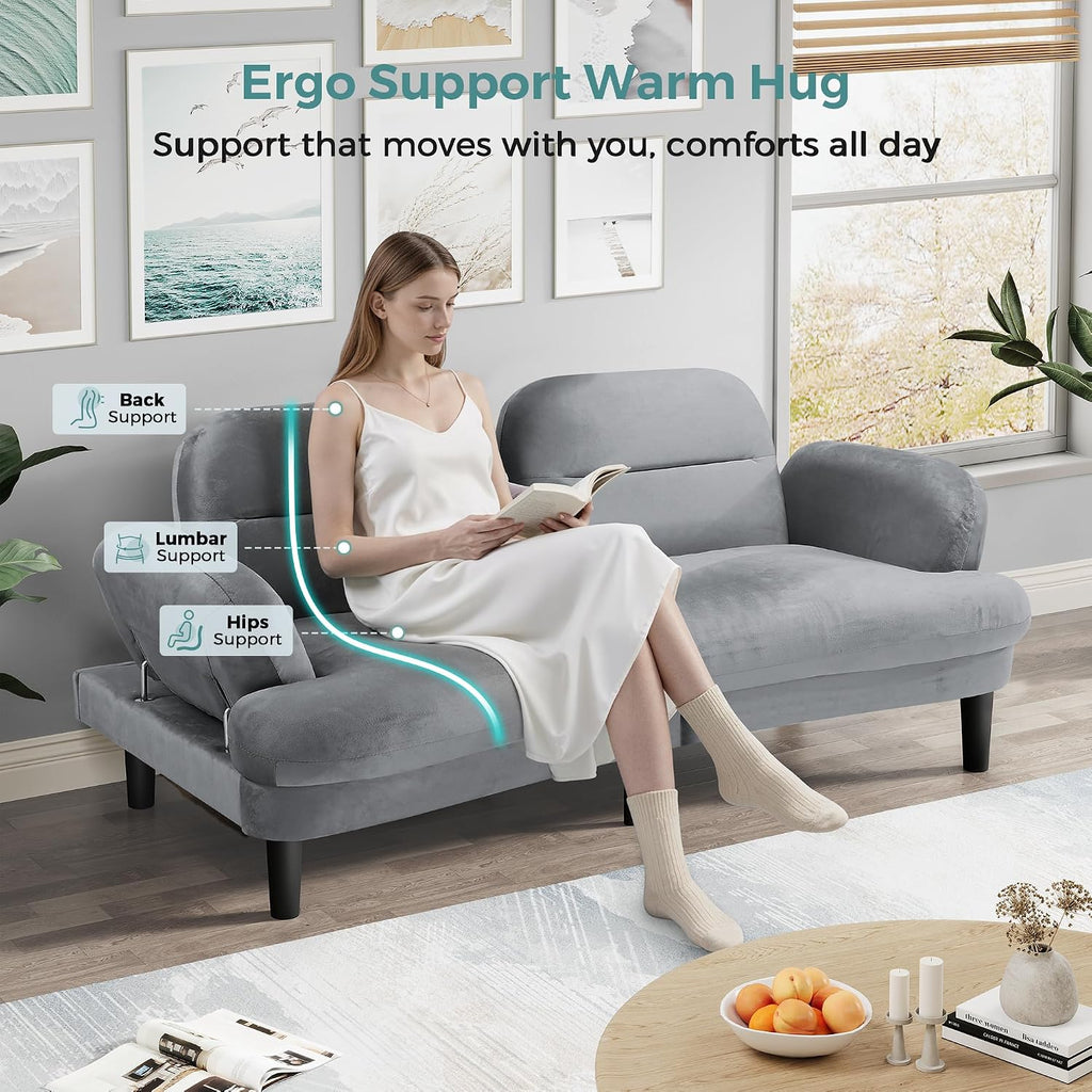 79' Futon Sofa Bed, Sleeper Sofa, Convertible Sofa Bed with Adjustable Backrest and Armrests, Luxury Velvet Cloud Loveseat, Convertible Recliner Sleeper Sofa for Living Room, Bedroom, Apartment, Green