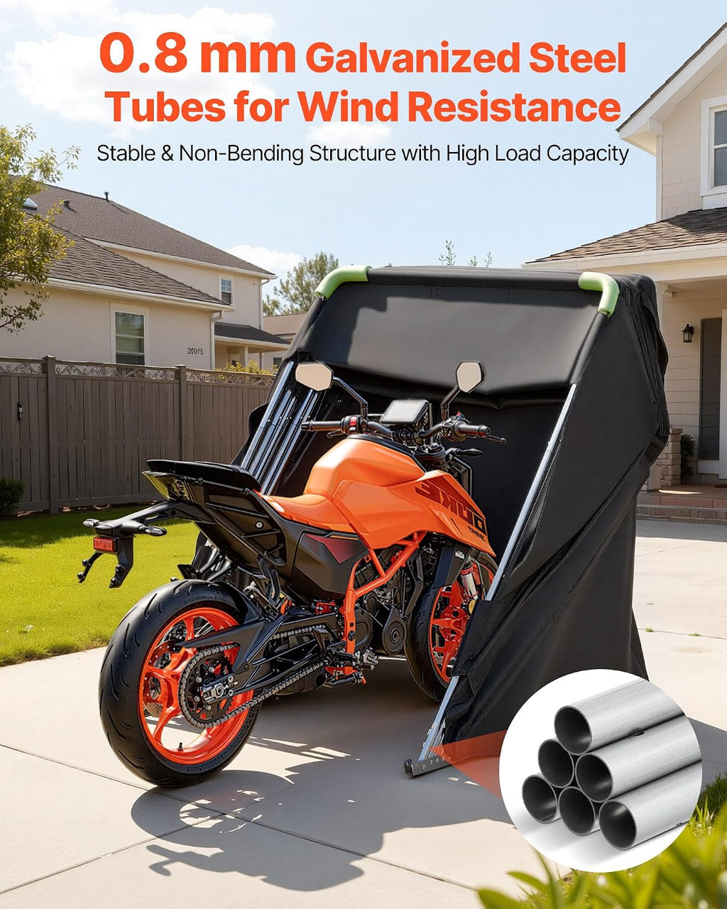 VEVOR Motorcycle Storage Shelter 110 x 43 x 63 in with Security Lock, 600D Oxford Flip-Up Garage Tent, Heavy-Duty All-Weather Motorcycle Cover Shed with 2 Side Windows, Outdoor Vehicle Shelter, Black